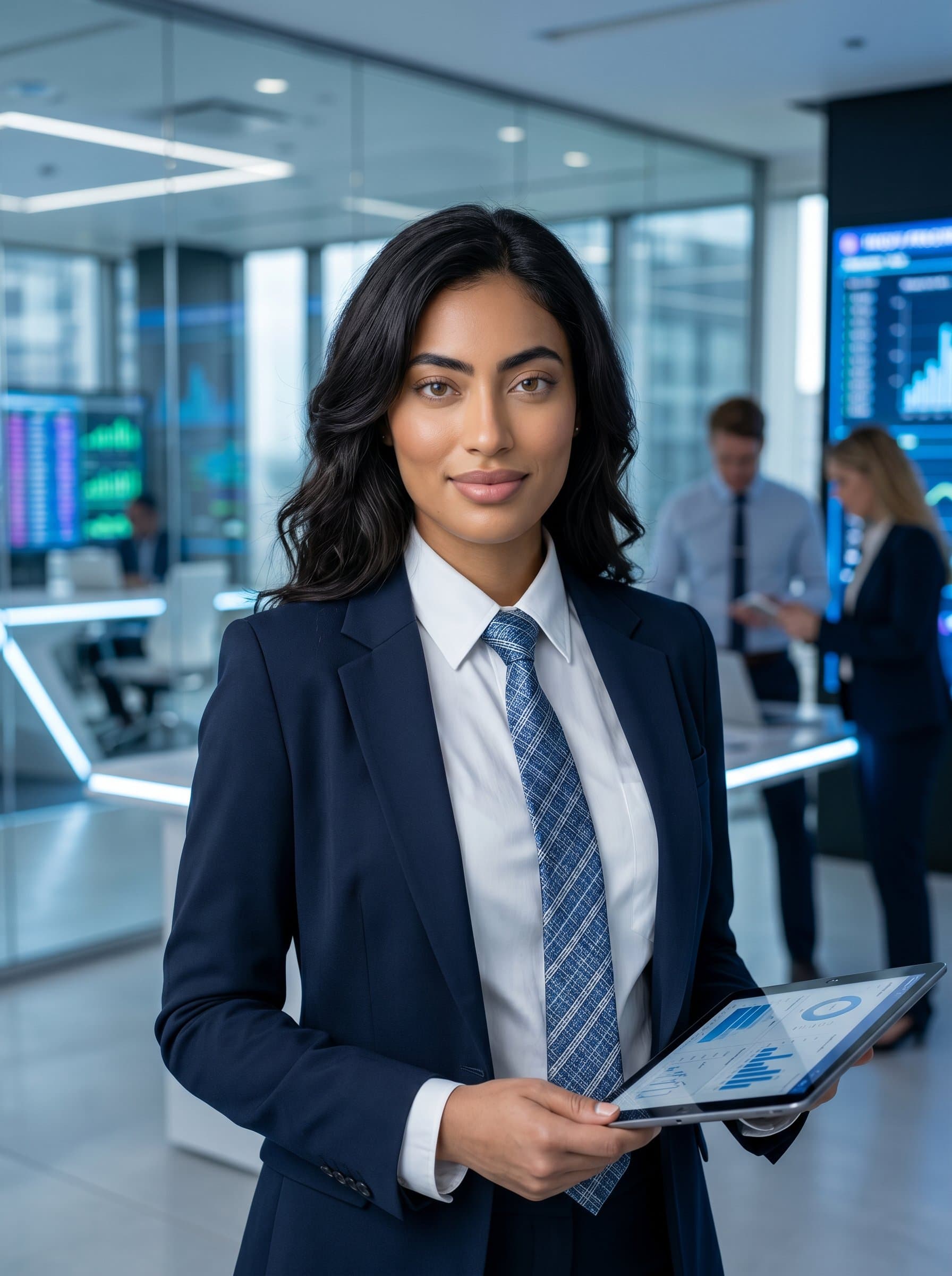 in a formal dress shirt with a patterned tie, soft smile, blurred high-tech office background. Photorealistic, emphasizing a tech-savvy and innovative executive role.