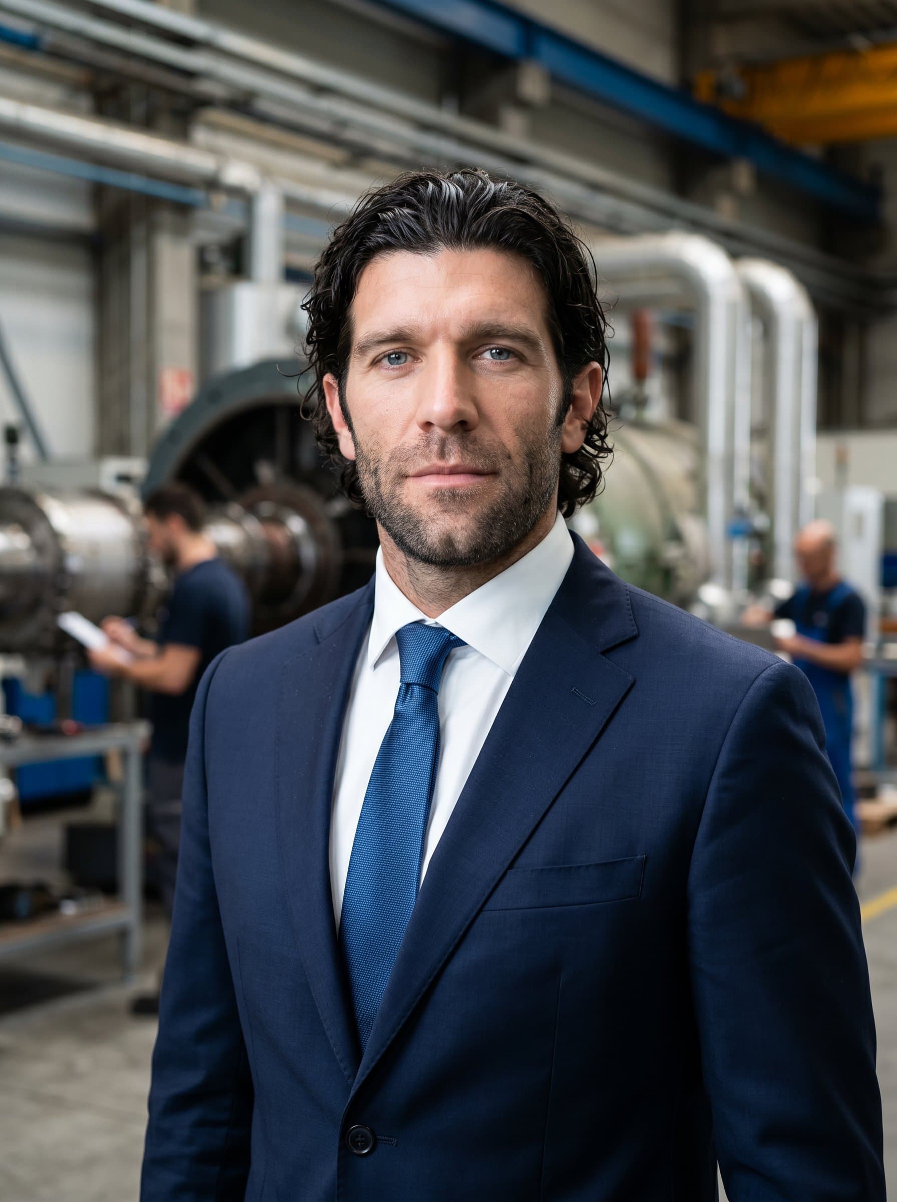 in a traditional business formal attire, clear, direct gaze, slightly blurred industrial setting in the background, perfect for highlighting leadership in engineering sectors.