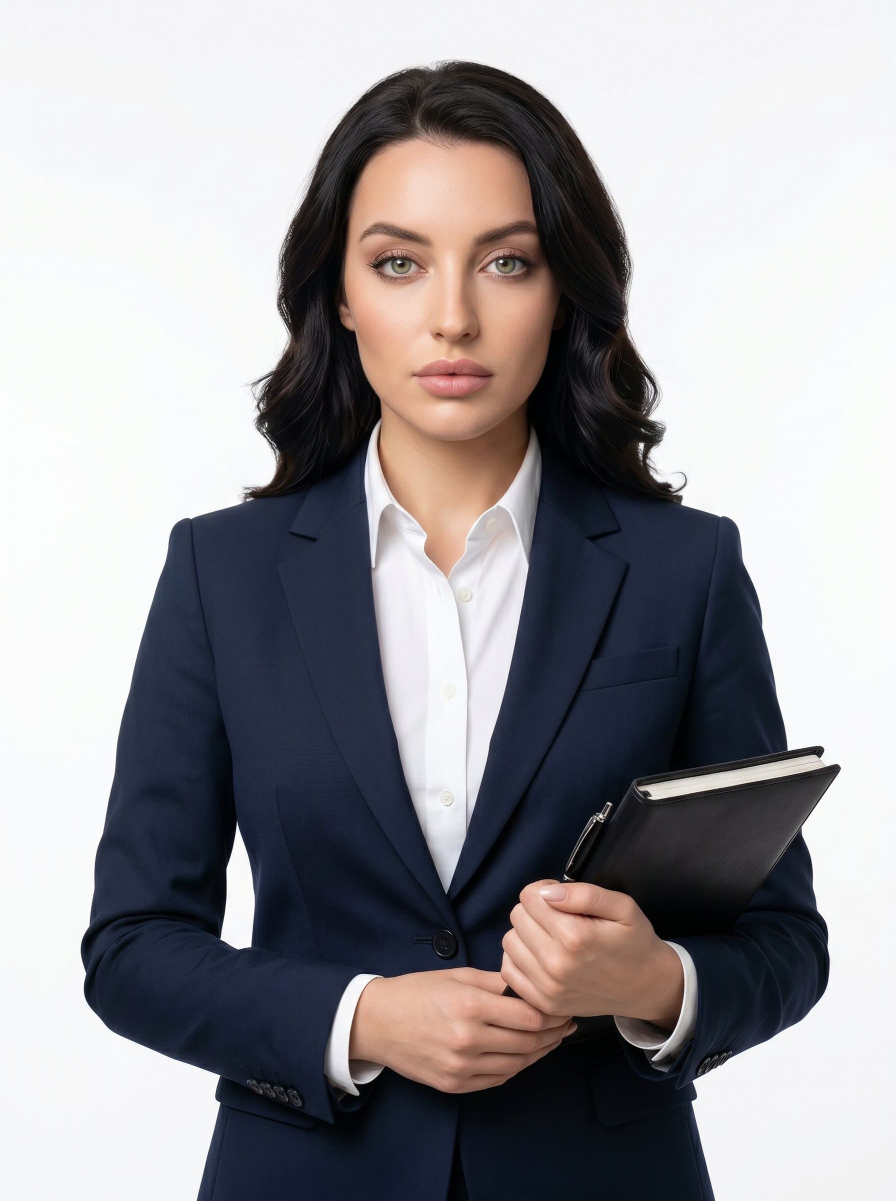 in formal attire, neutral facial expression, neutral white background, highlighting clarity and precision suitable for high-stakes finance roles. Emphasize sharpness and a polished, sophisticated presence.