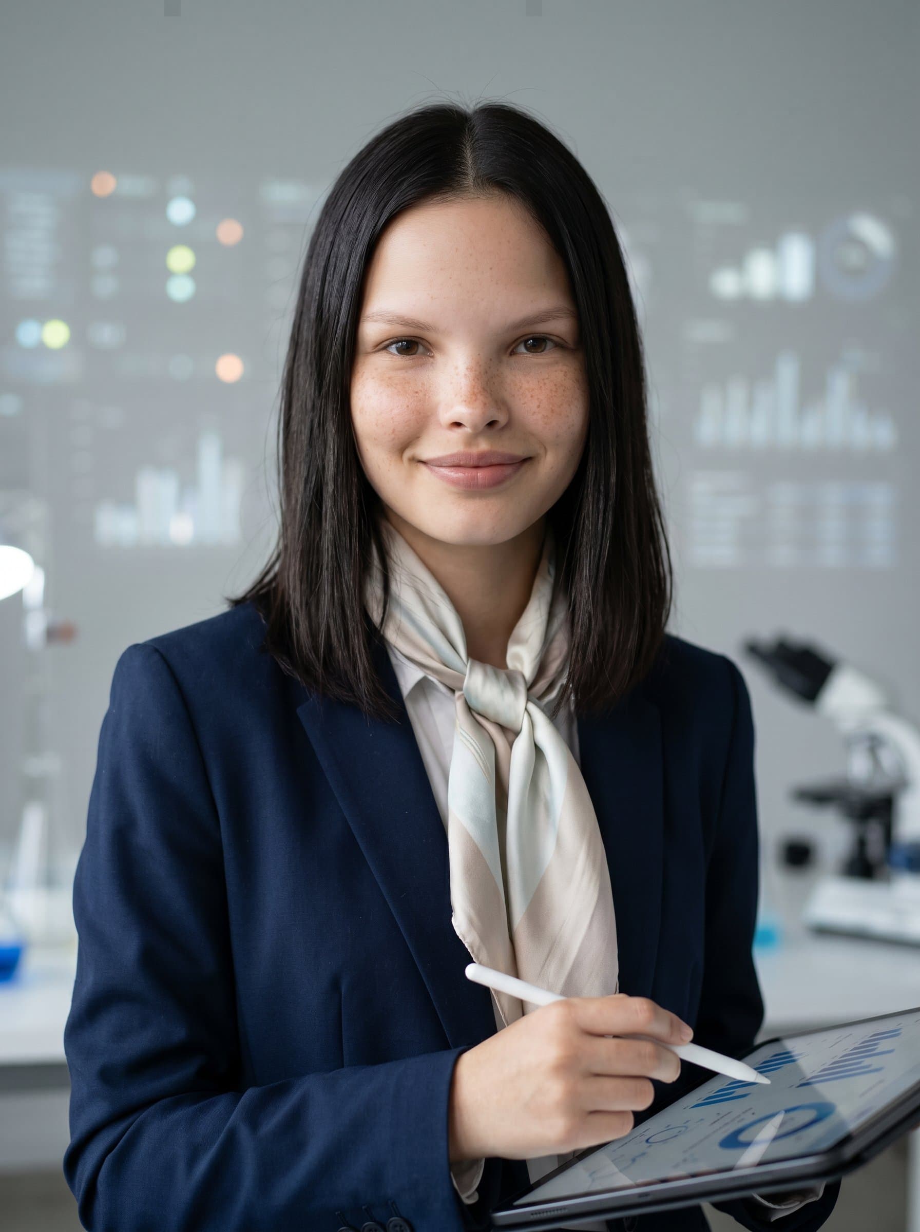 with medium-length hair, light scarf over a formal top, gentle smile, neutral abstract background, indicating a forward-thinking approach suitable for a research and development role.