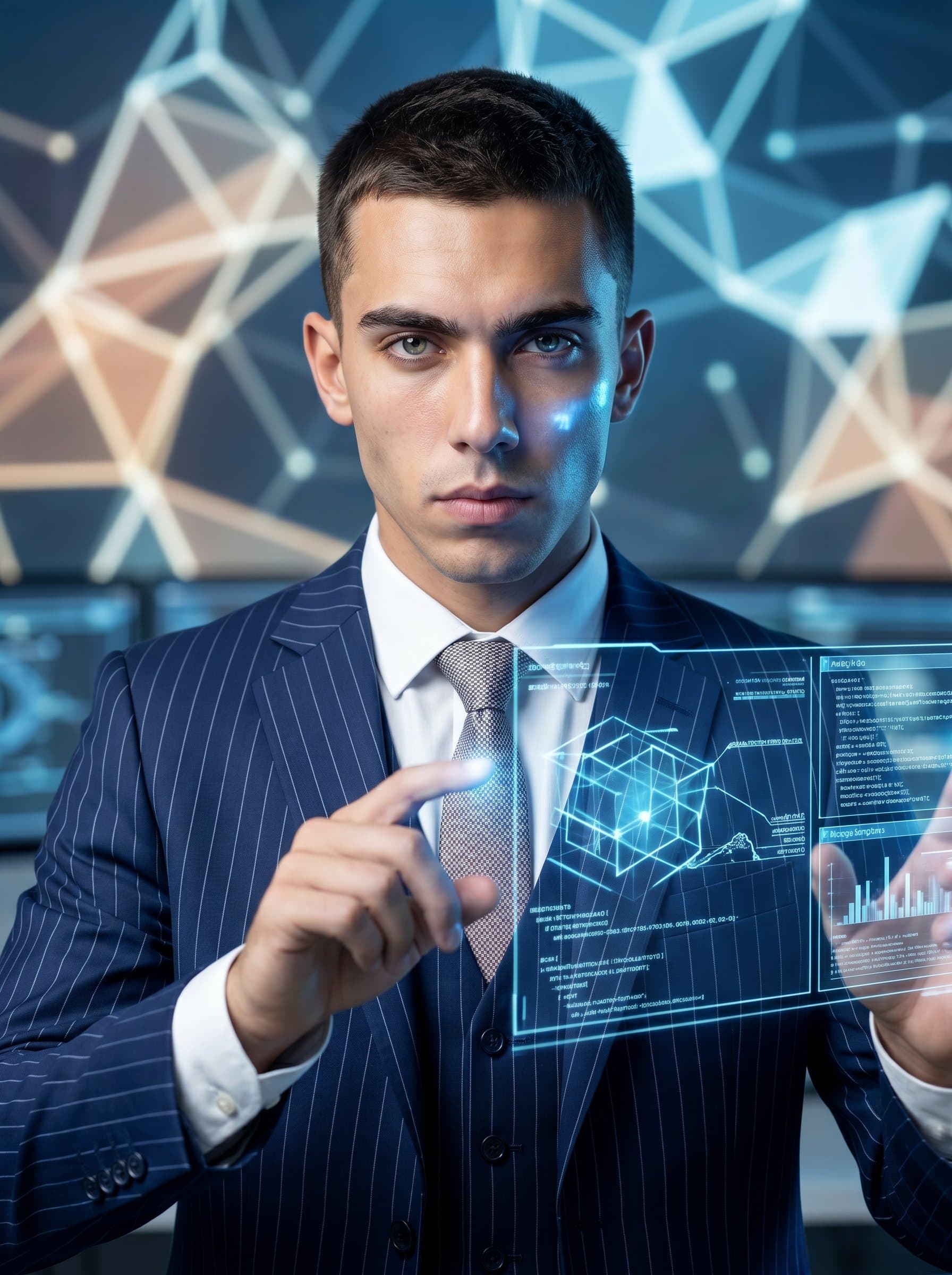 with short hair, wearing a pin-striped suit, serious expression, against a digital 3D geometric background, projecting analytical skills for an IT industry leader.