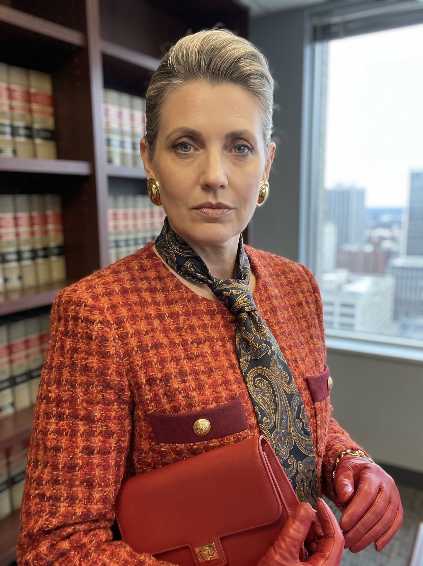 with a high-quality, intricate patterned tie, serious yet engaging look, digitally rendered background resembling an upscale corporate setting, projecting authority and leadership in the legal profession.