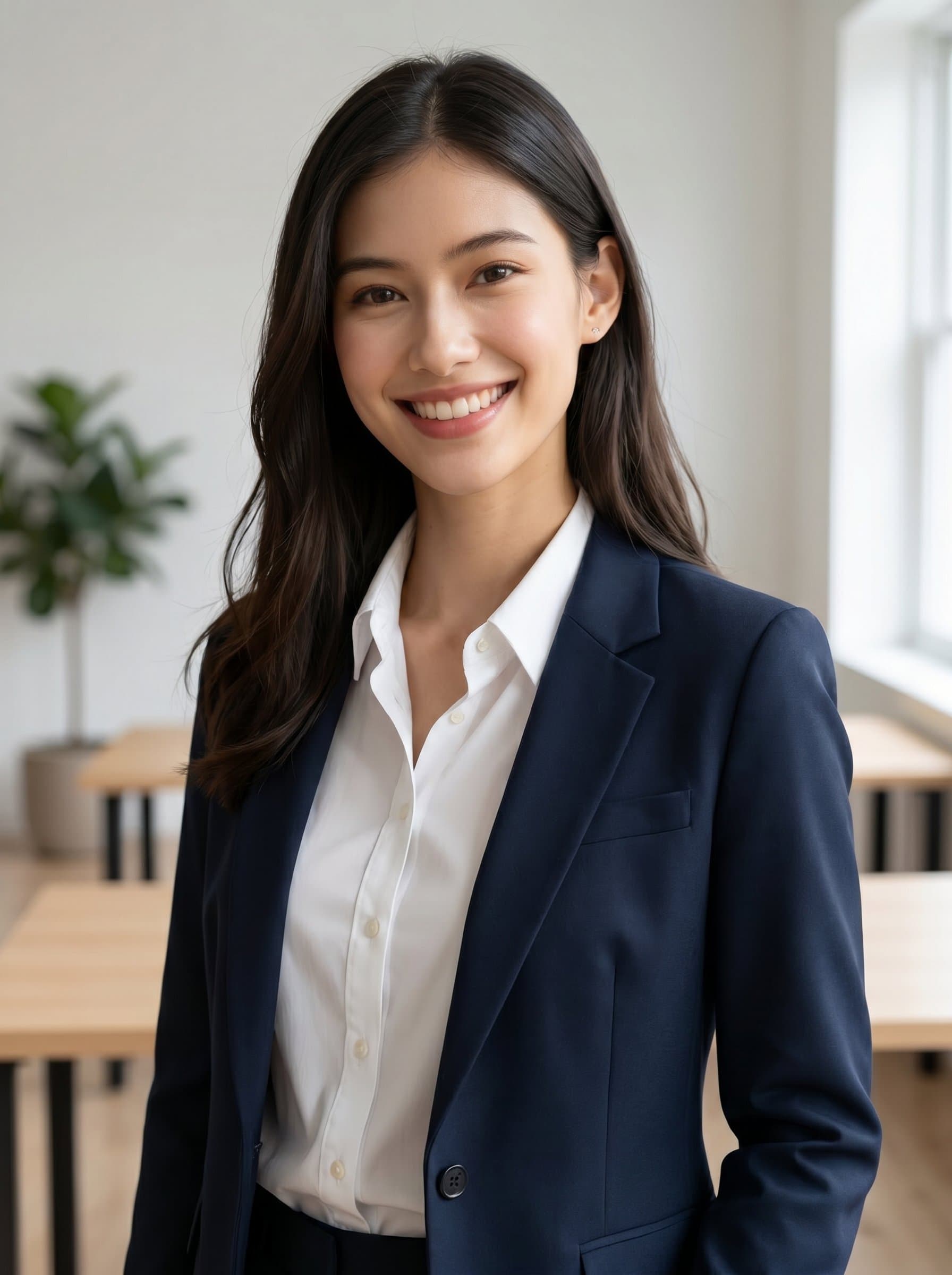 in a collared shirt, with open jacket, friendly smile, against a minimalist office backdrop. Perfect for capturing the essence of a seasoned customer service professional.