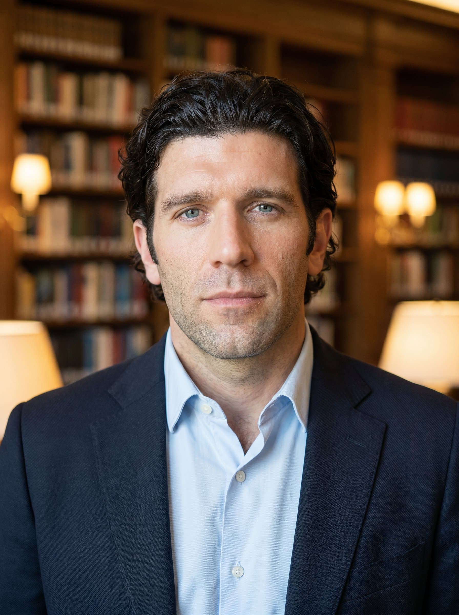 in a dark blazer, light pastel shirt, neutral expression, against a blurred library backdrop, portraying intelligence and academic excellence. Ideal for an educational sector executive.