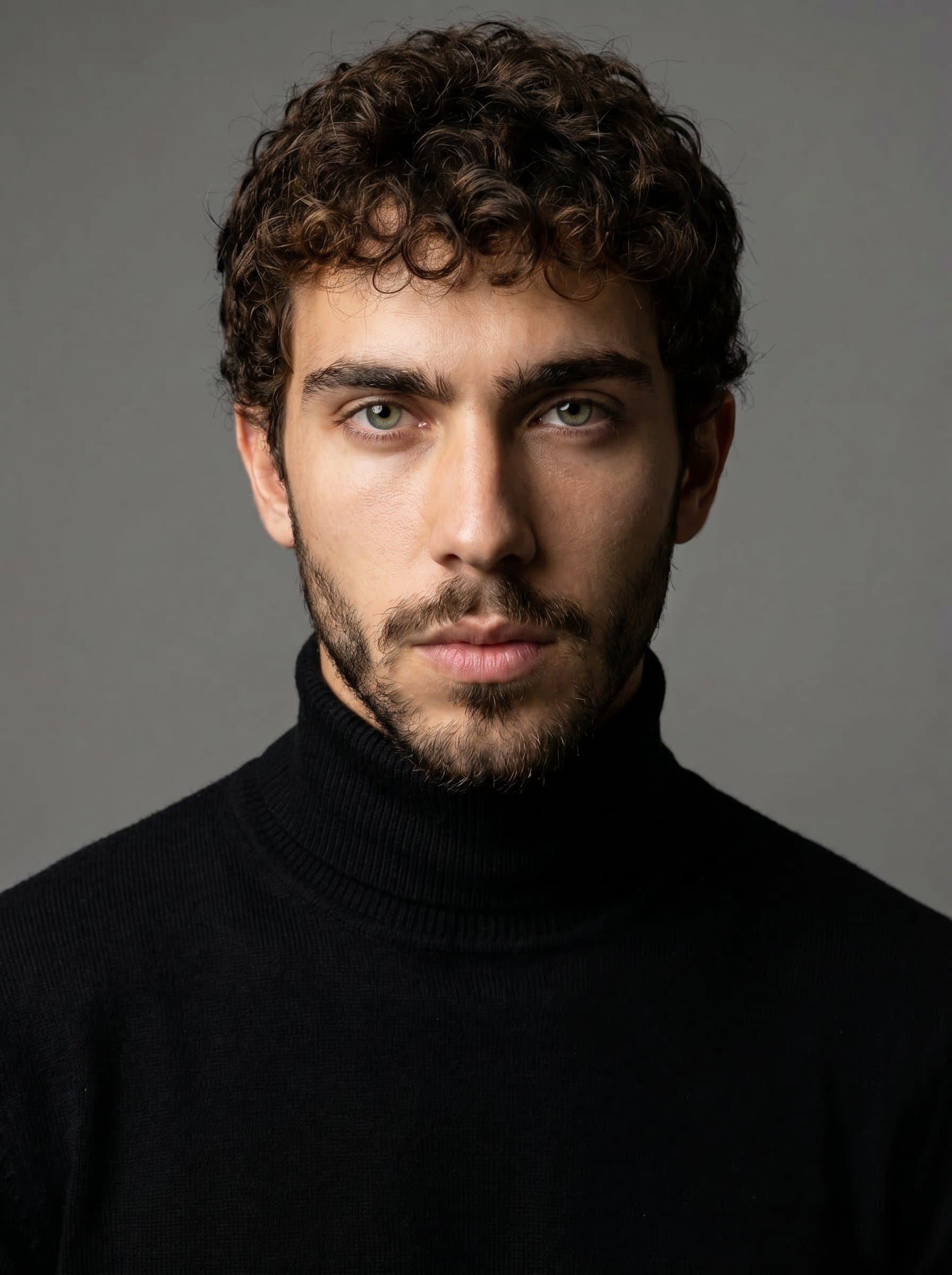 with a beard, wearing a dark turtleneck, intense gaze, against a minimalist studio backdrop, emphasizing creativity and boldness for a design director position.