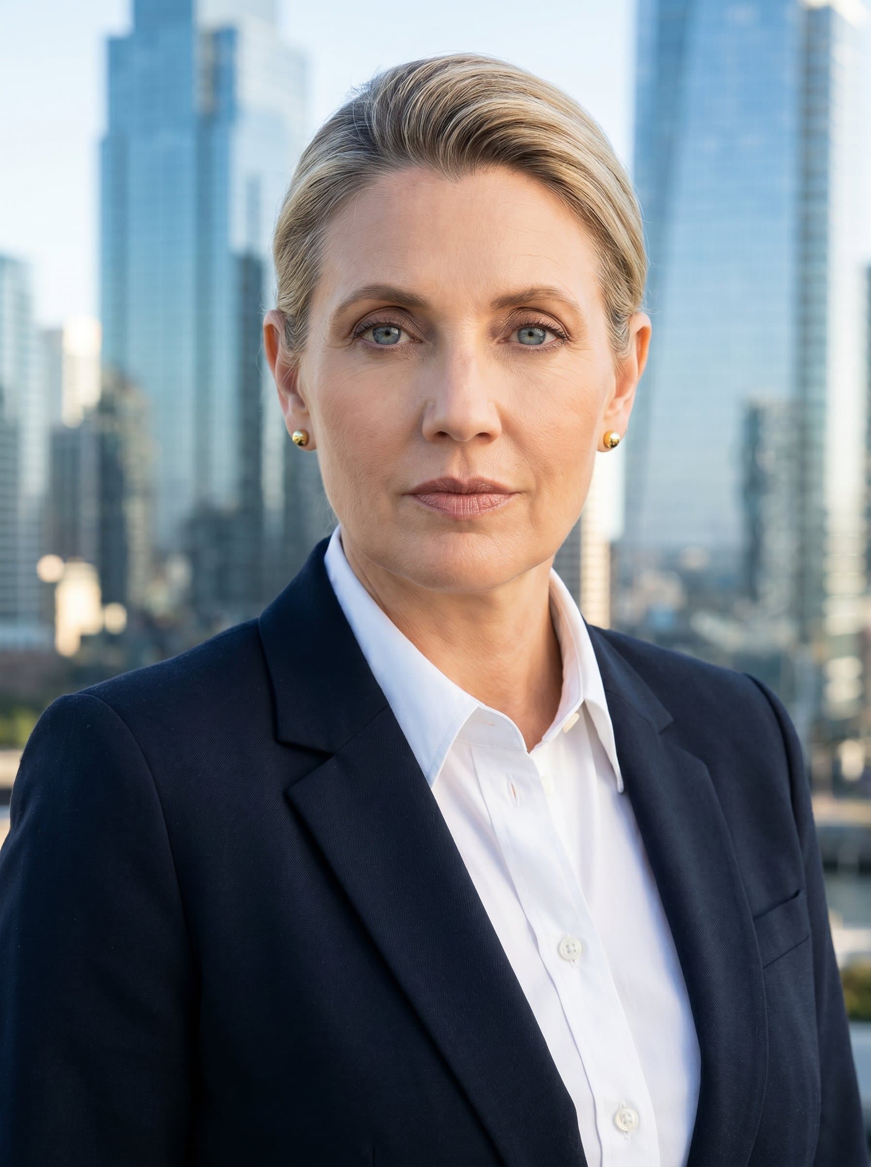 sporting a dark blazer over a light shirt, neutral expression, with a cityscape digitally rendered in the background, suitable for a real estate executive headshot.