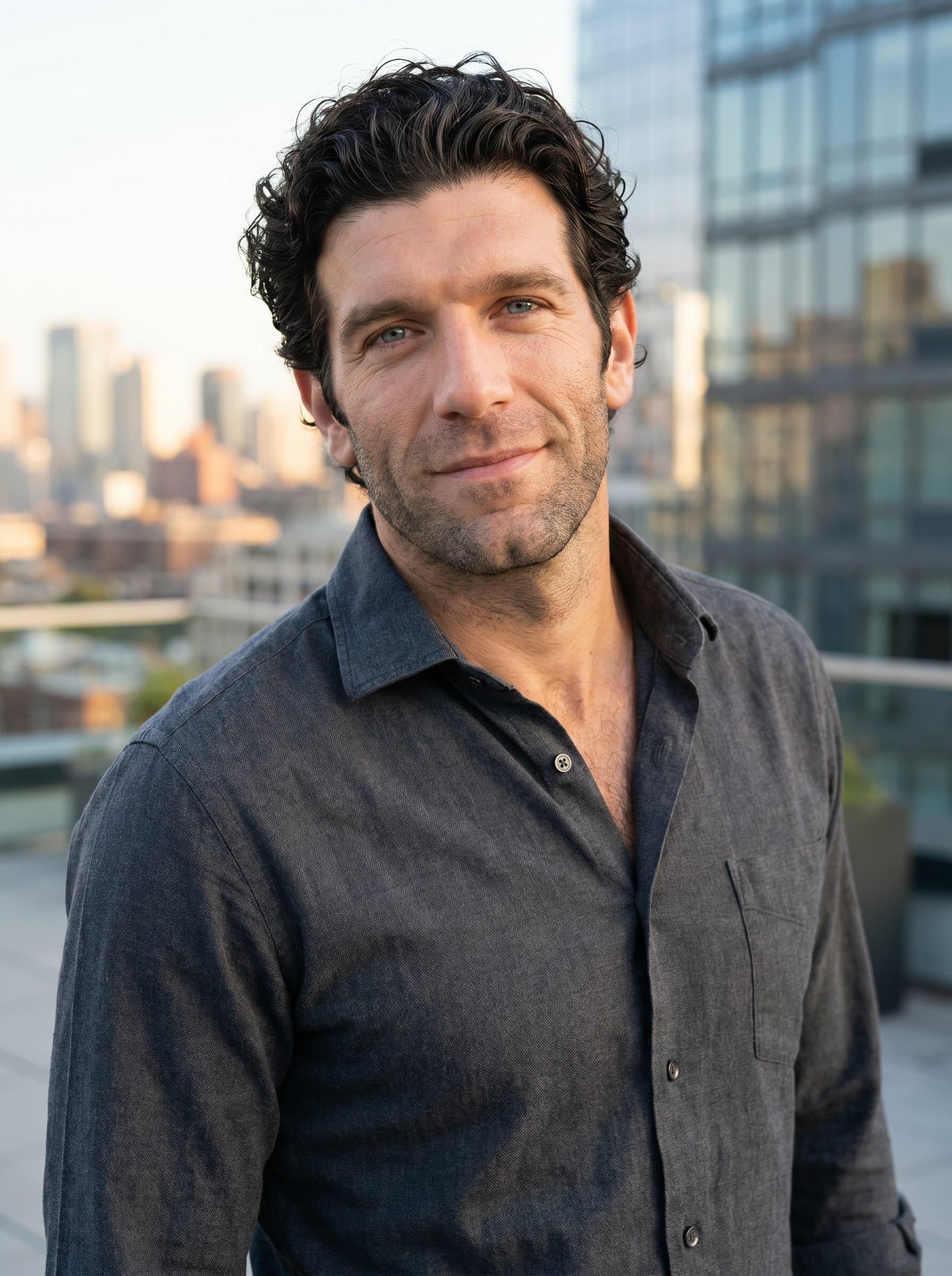 donning a smart-casual shirt with no tie, slightly tilted head, outdoors with blurred urban skyline in the background. Professional yet relaxed appearance for a startup entrepreneur.