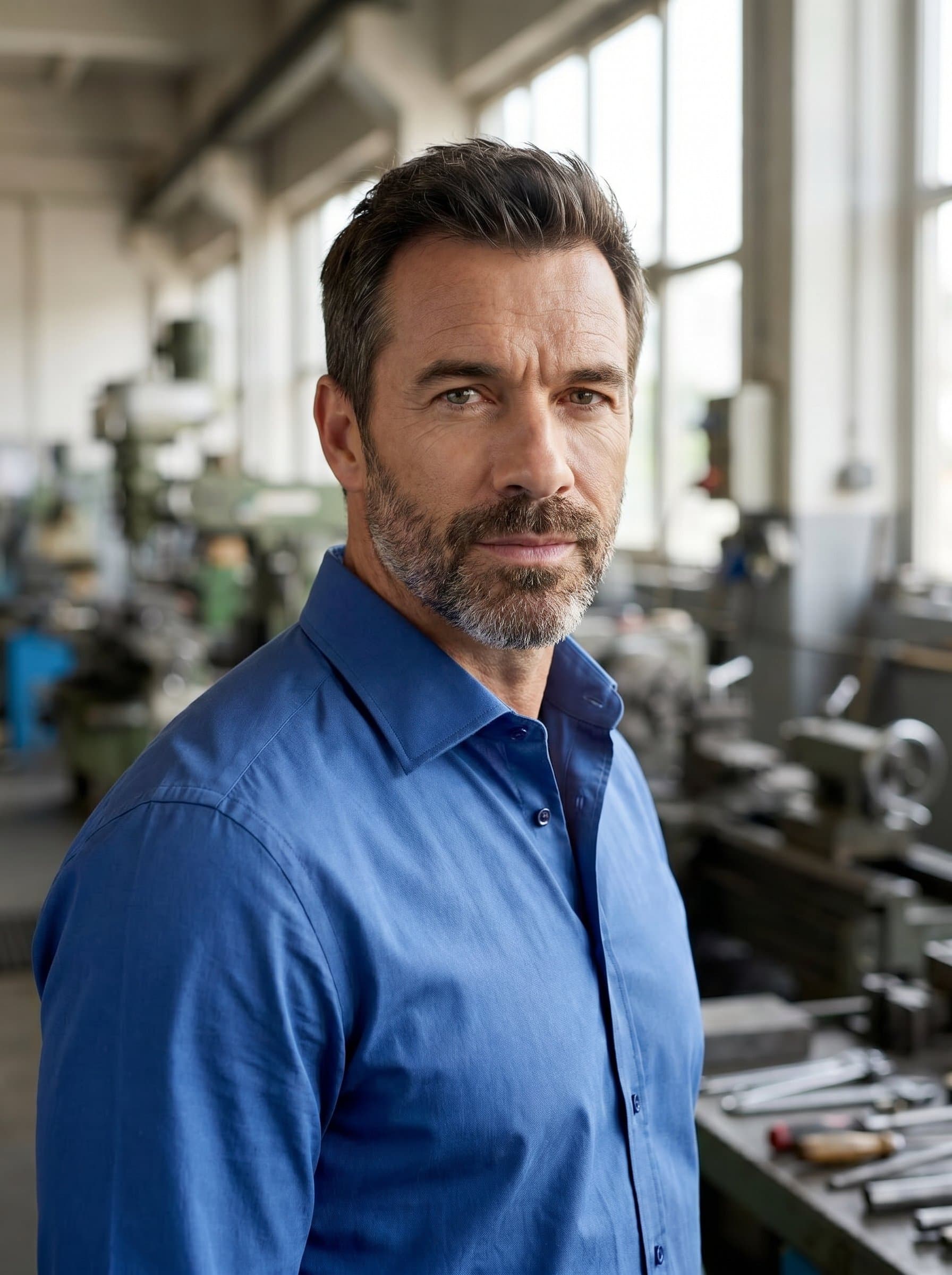 in a crisp blue shirt, neutral expression, slightly angled towards the camera, with a blurred workshop setting in the background, for a manufacturing industry executive.