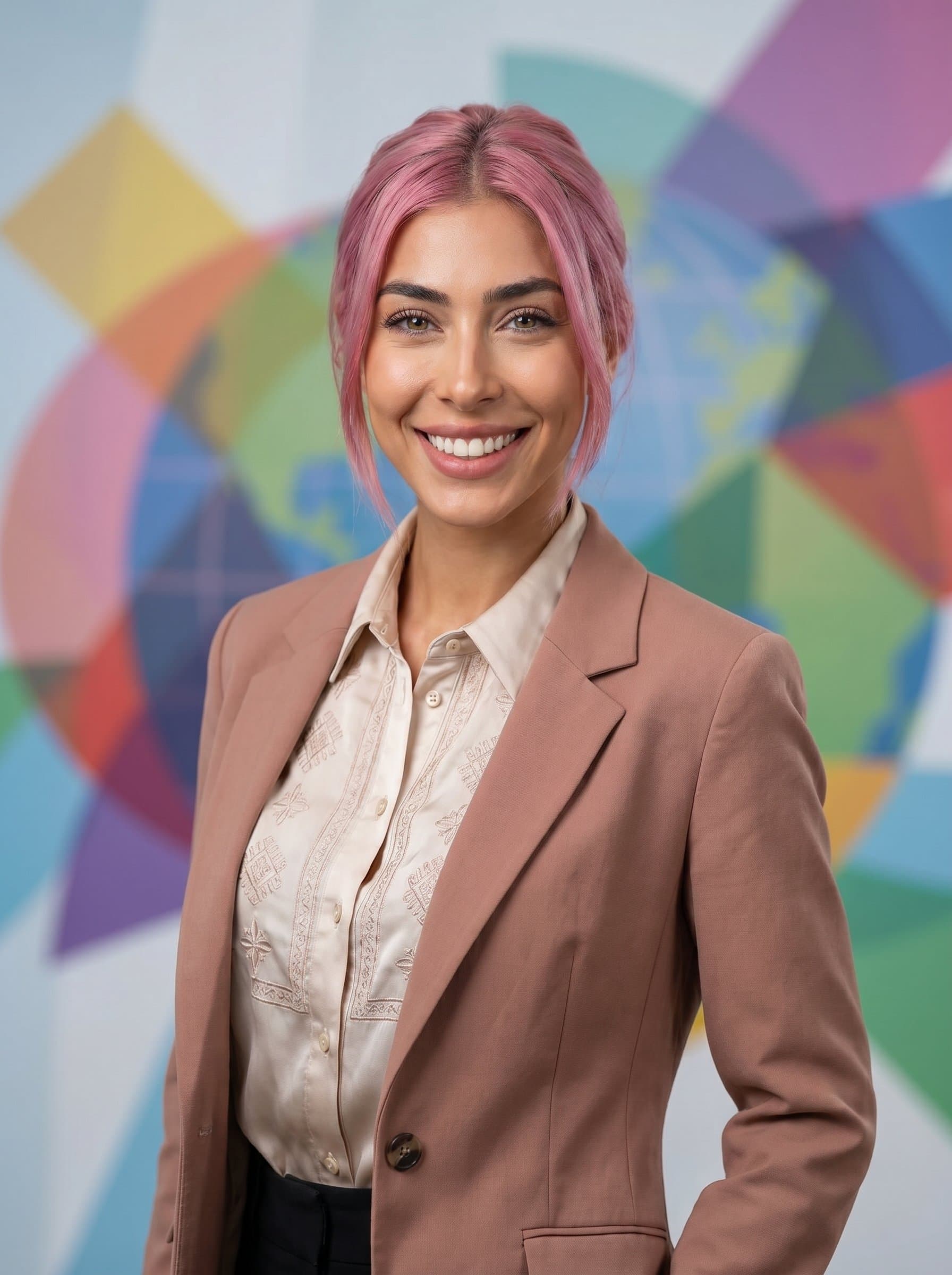 with ethnic attire, genuine smile, against a soft-focus backdrop of abstract shapes, showcasing cultural diversity and inclusion. Ideal for a multinational corporation role.