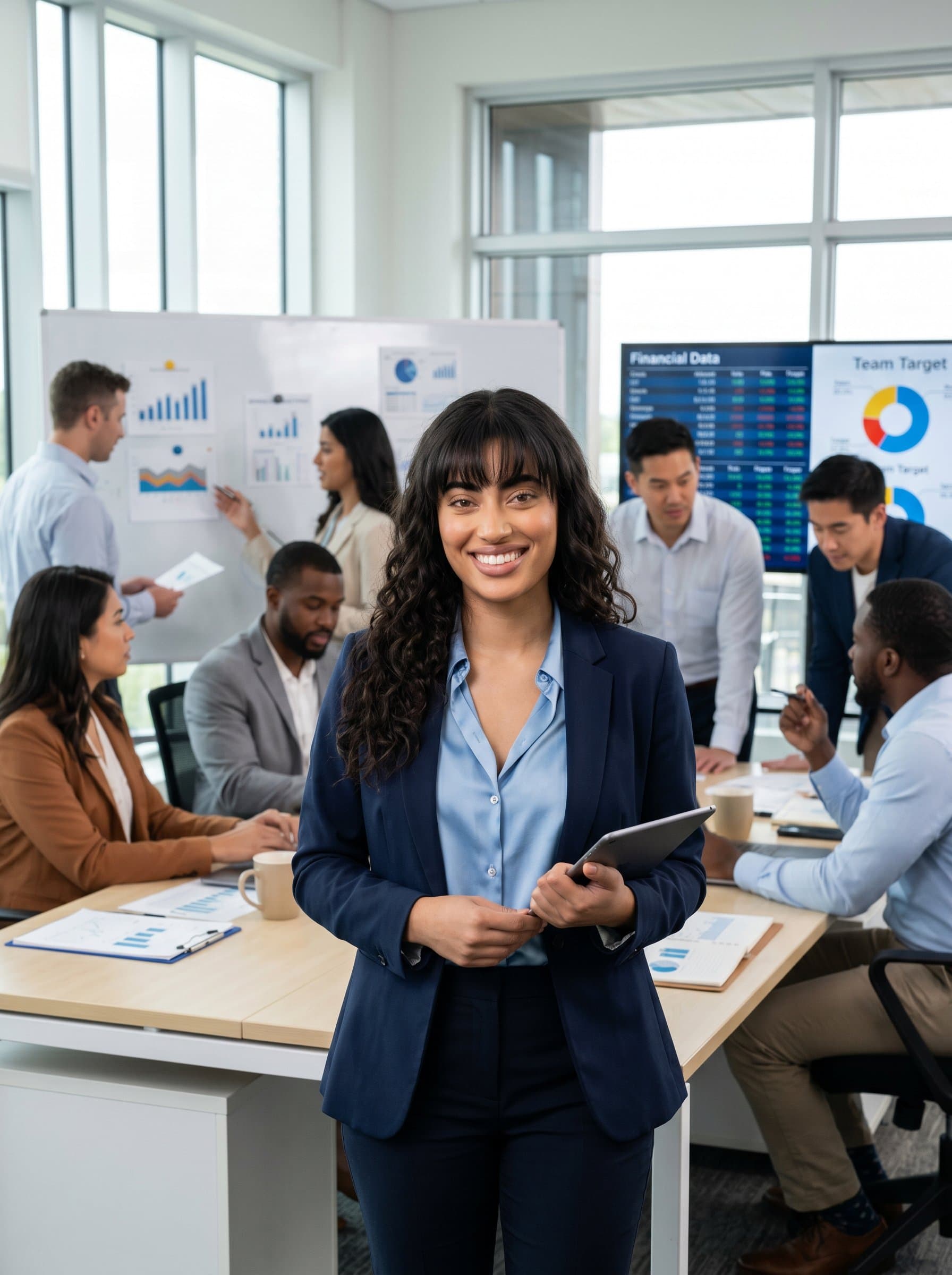 standing in a bustling office environment, a blurred background of coworkers collaborating. The scene captures a team-oriented professional driven by collective financial goals.