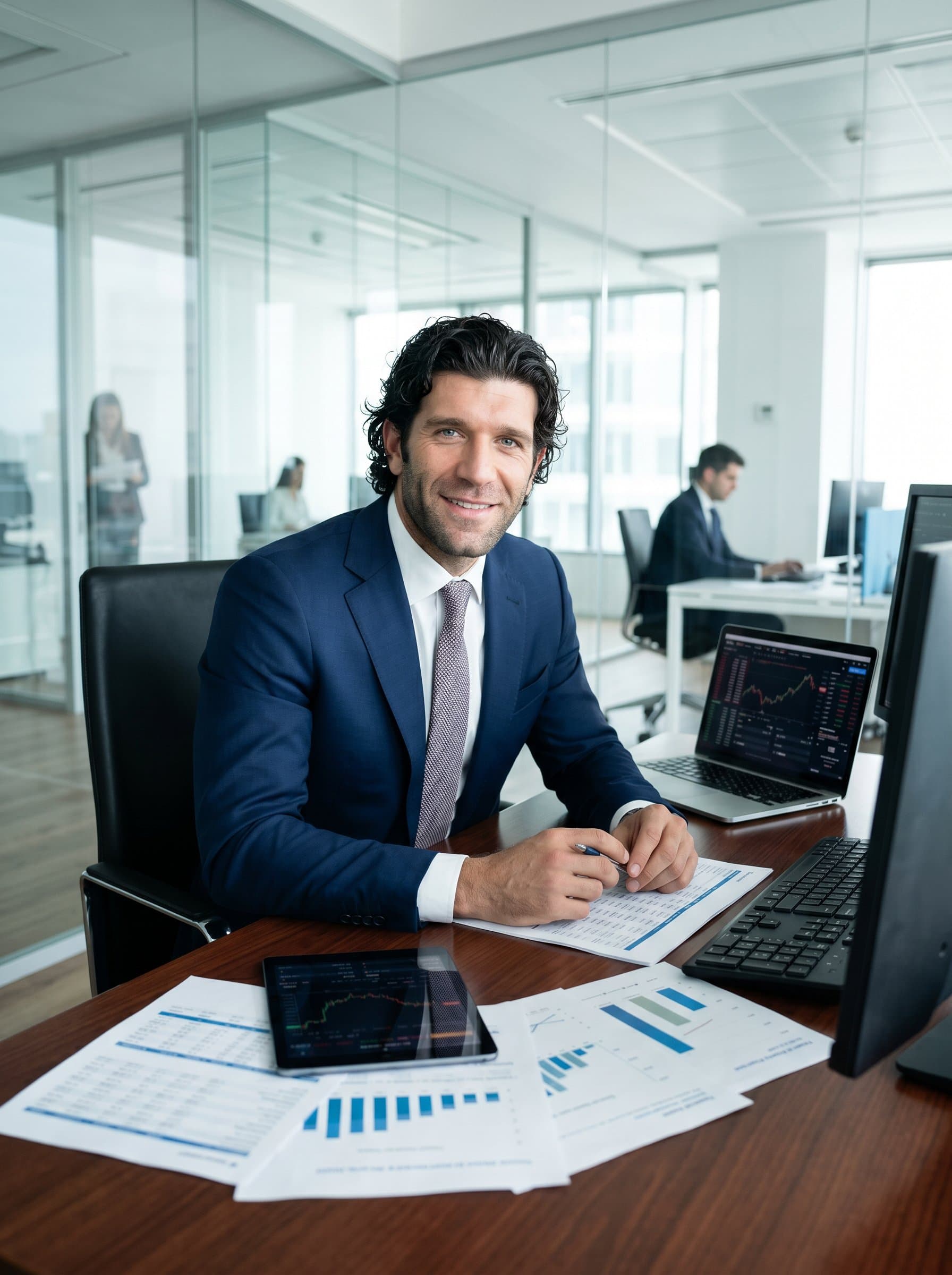 seated at a polished desk, surrounded by financial reports and technology, exuding expertise. The clean, modern office background signifies a dedication to precision and client satisfaction.