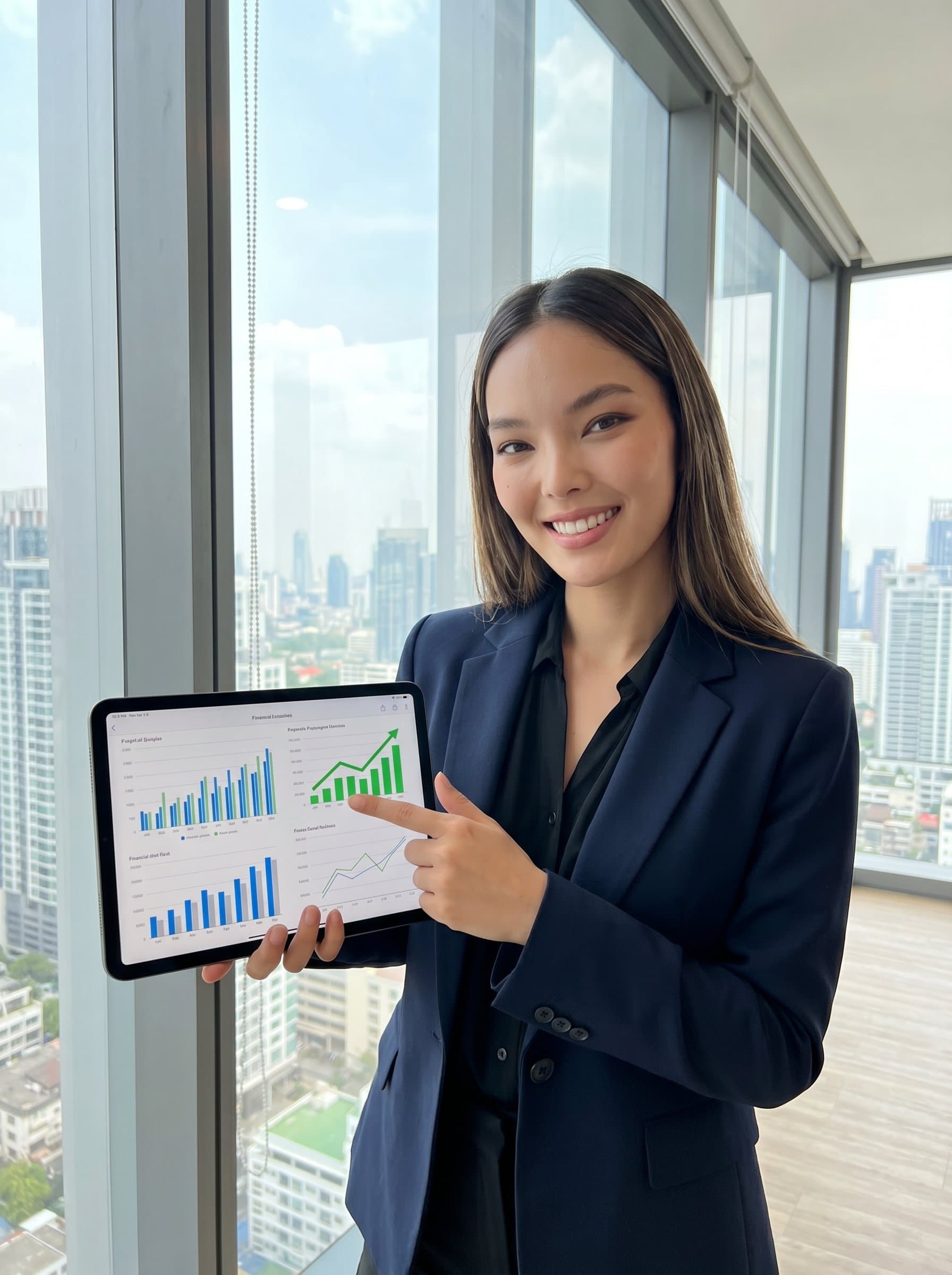smiling warmly, holding a tablet with financial graphs, standing in a high-rise office. The atmosphere conveys digital savviness and commitment to client success.