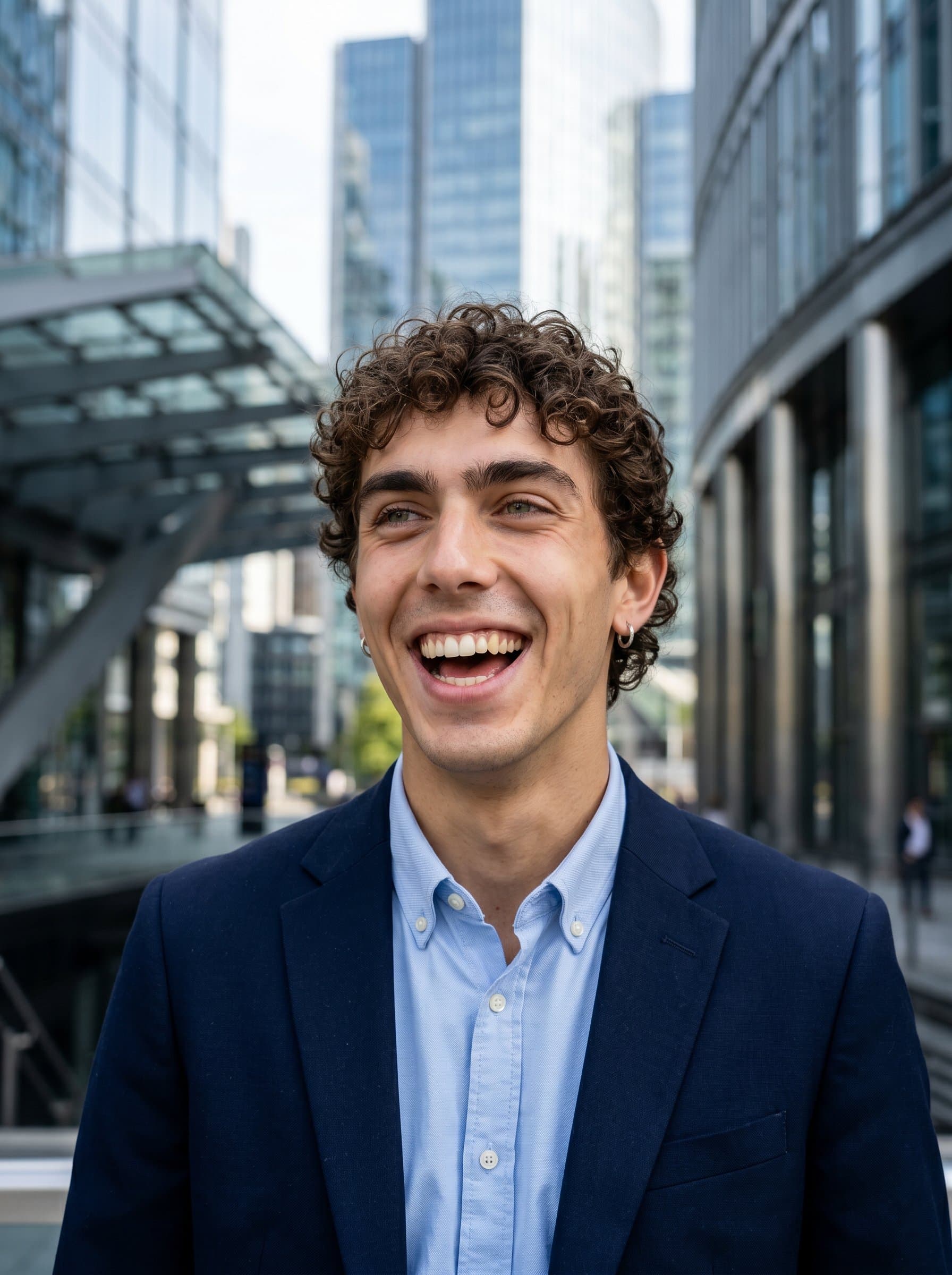 caught in candid laughter, a background of urban architecture symbolizing the dynamic nature of finance. The headshot balances professionalism with approachability.