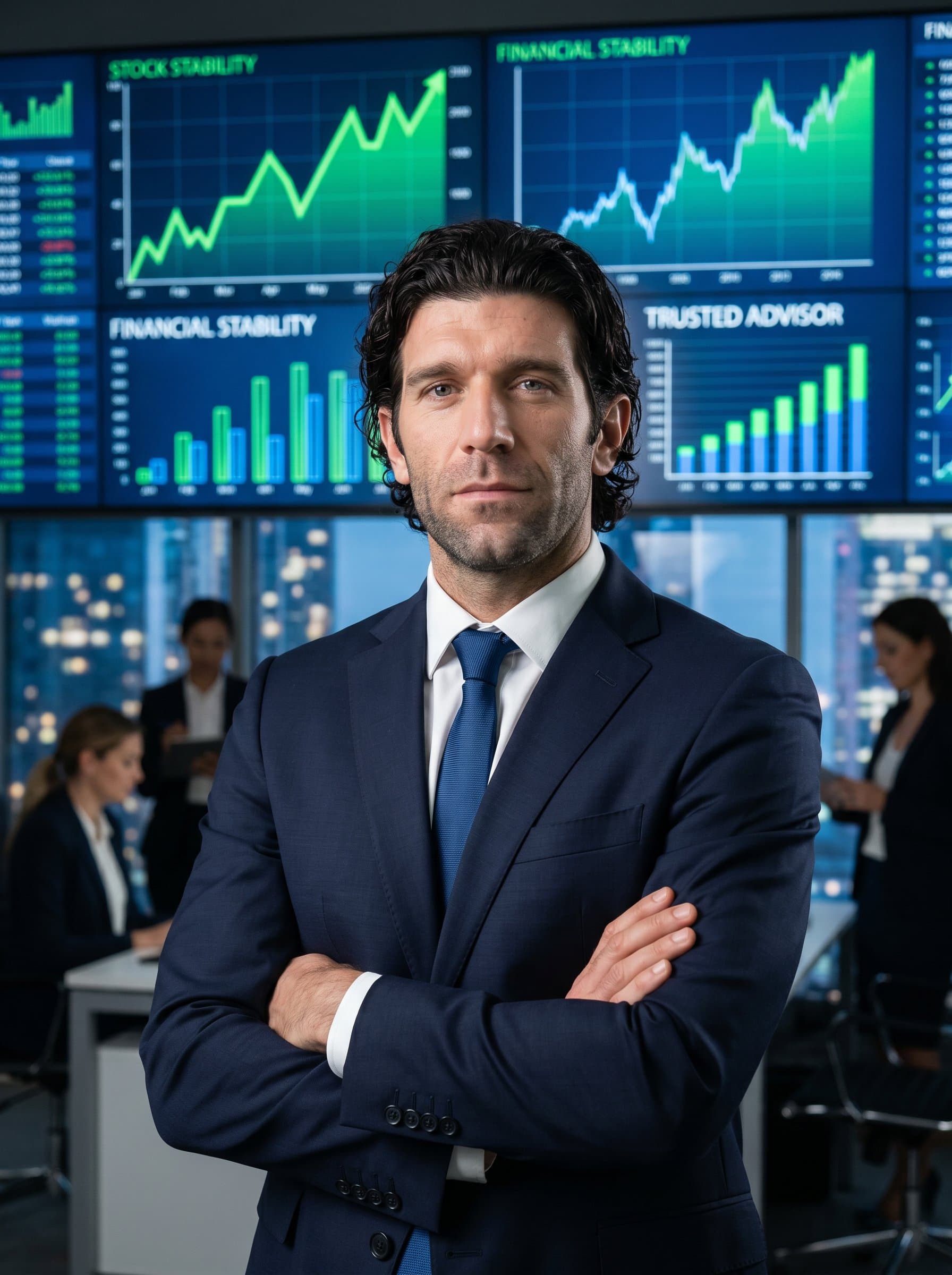 posed with arms confidently crossed, a backdrop of rising stock market charts enhancing the theme of financial growth and stability, essential qualities for a trusted advisor.