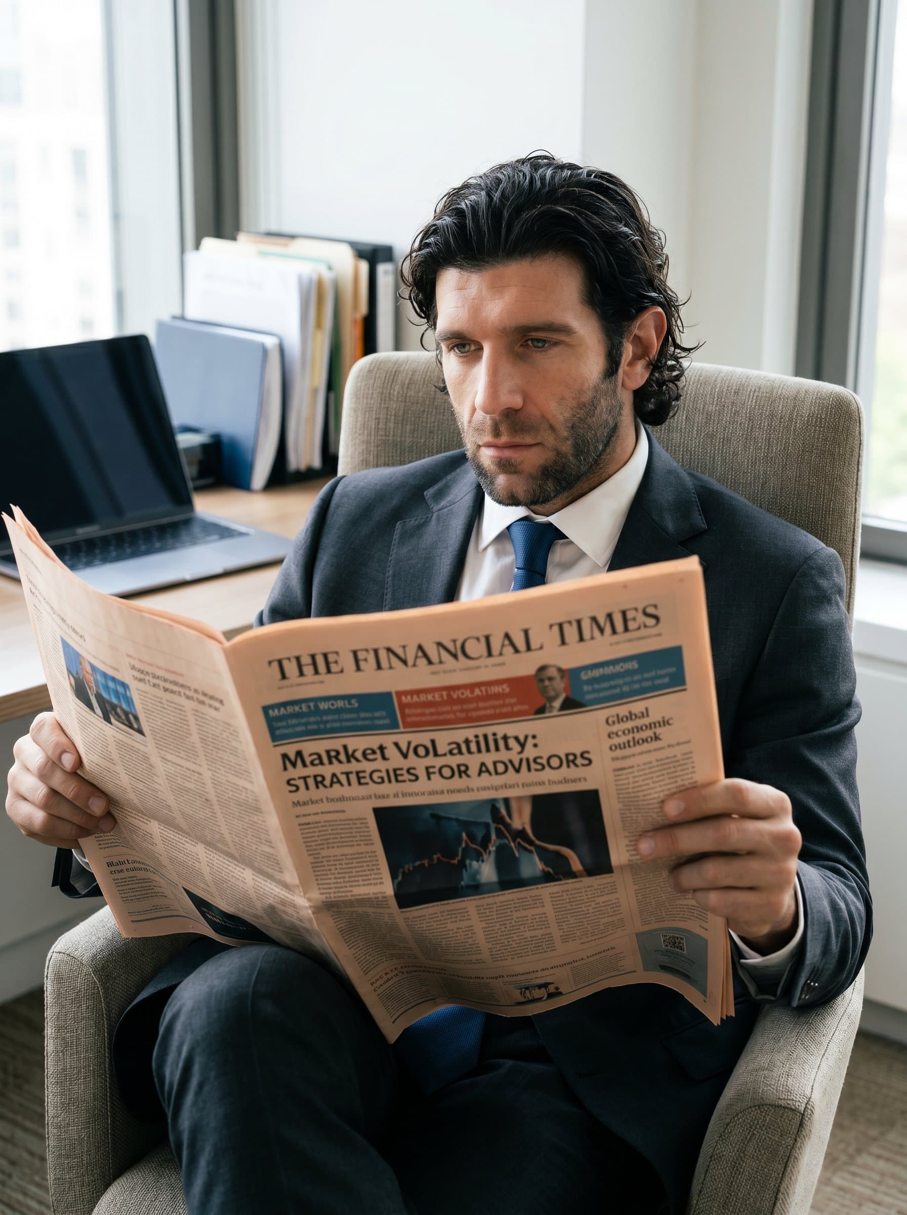 in a comfortable pose, holding a newspaper with financial headlines, representing a well-informed and thorough approach to advisory responsibilities.