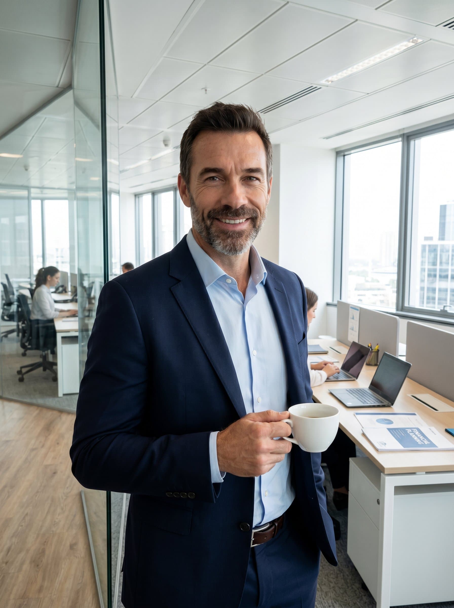 in a modern, open-plan office, holding a cup of coffee, suggesting approachable expertise. The clean lines of the workspace reflect clarity and order in financial planning.