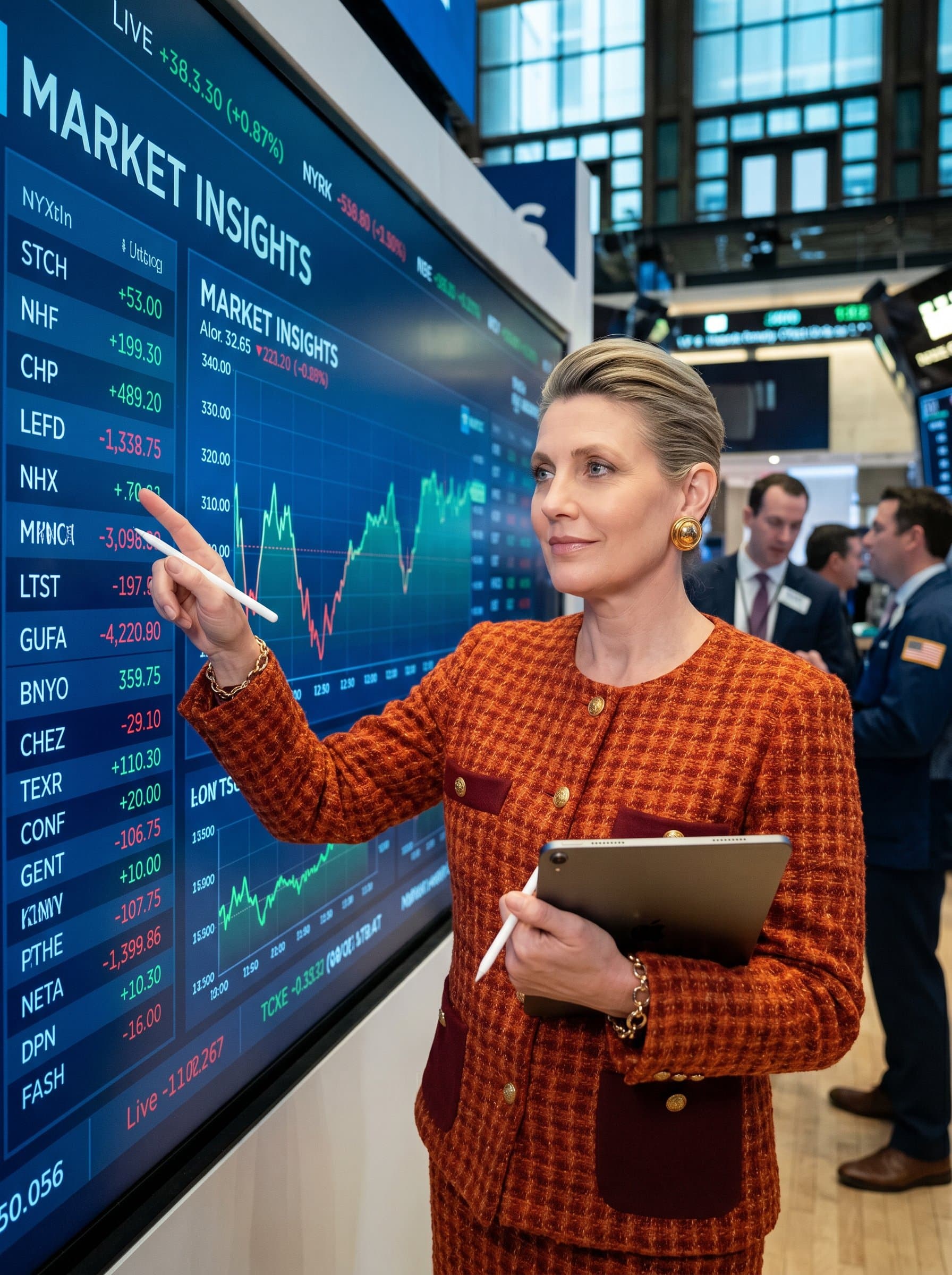 with a calm expression, standing beside a digital screen displaying stock tickers, emphasizing adaptability and proficiency in modern financial tools.