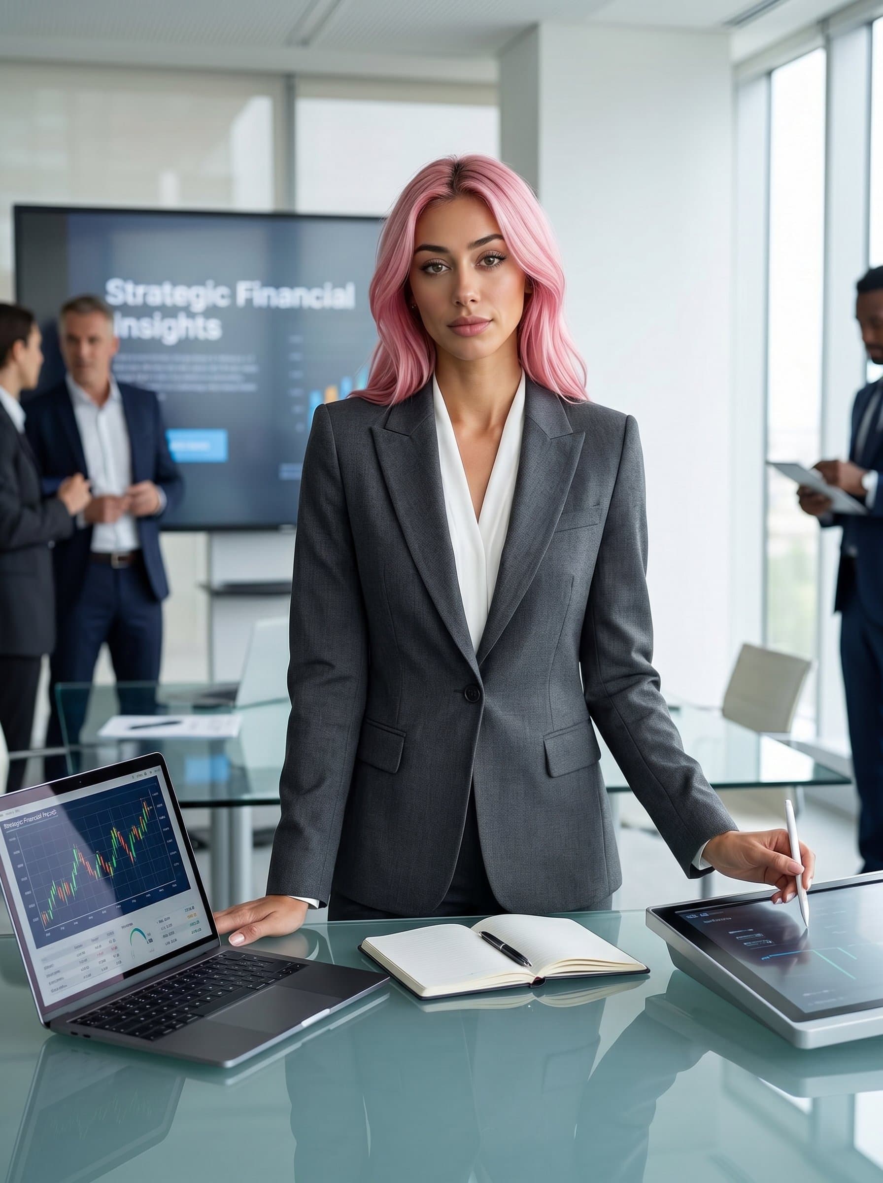 standing confidently by a modern conference table, reflecting preparedness to provide strategic financial insights and solutions.