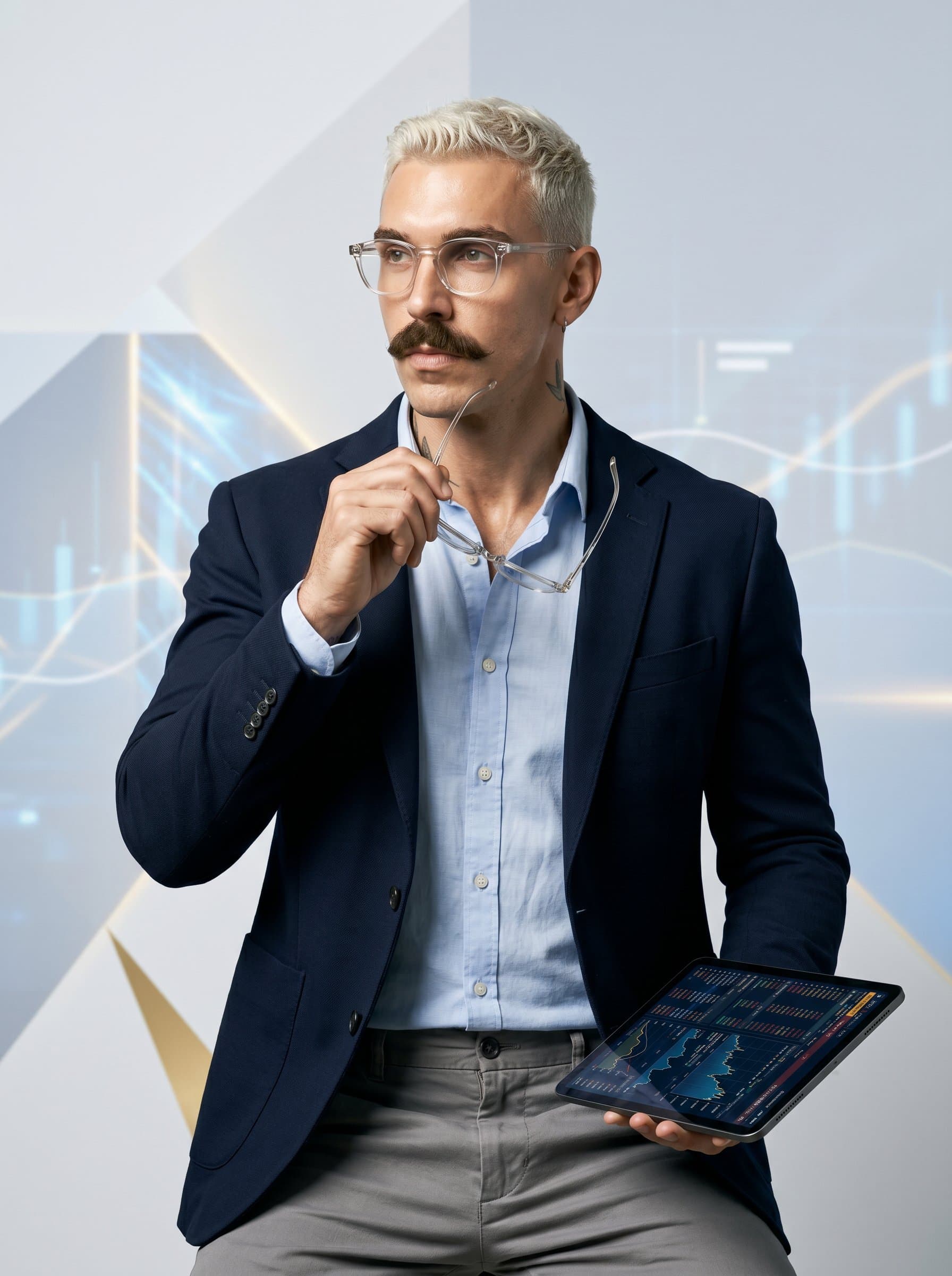 in a business casual outfit, with glasses perched thoughtfully, conveying analytical prowess. A minimalist, abstract background emphasizes a focus on innovative financial strategies.