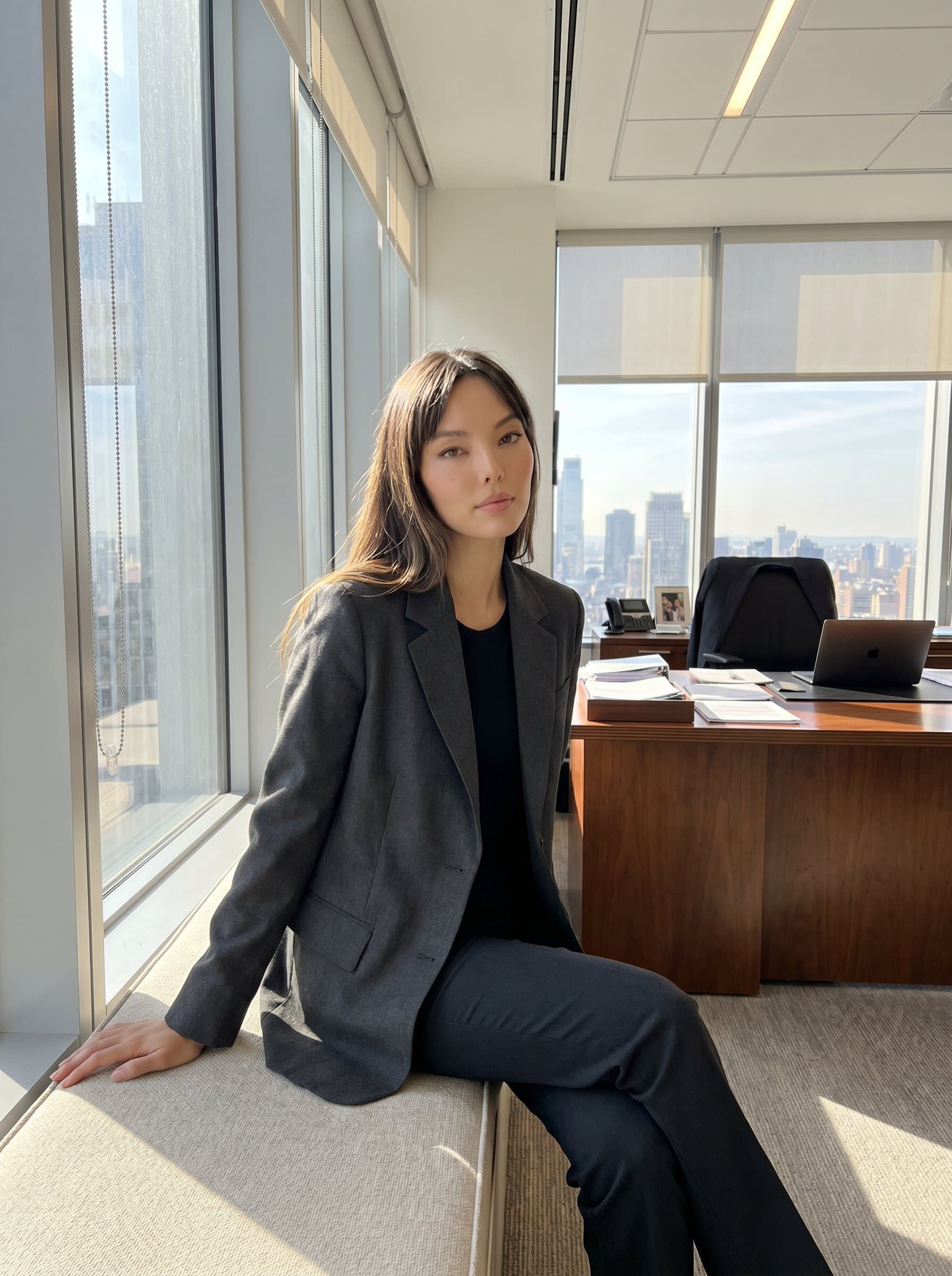 in an elegant business setting, with light streaming through large windows, evoking a sense of openness and integrity in financial practice.