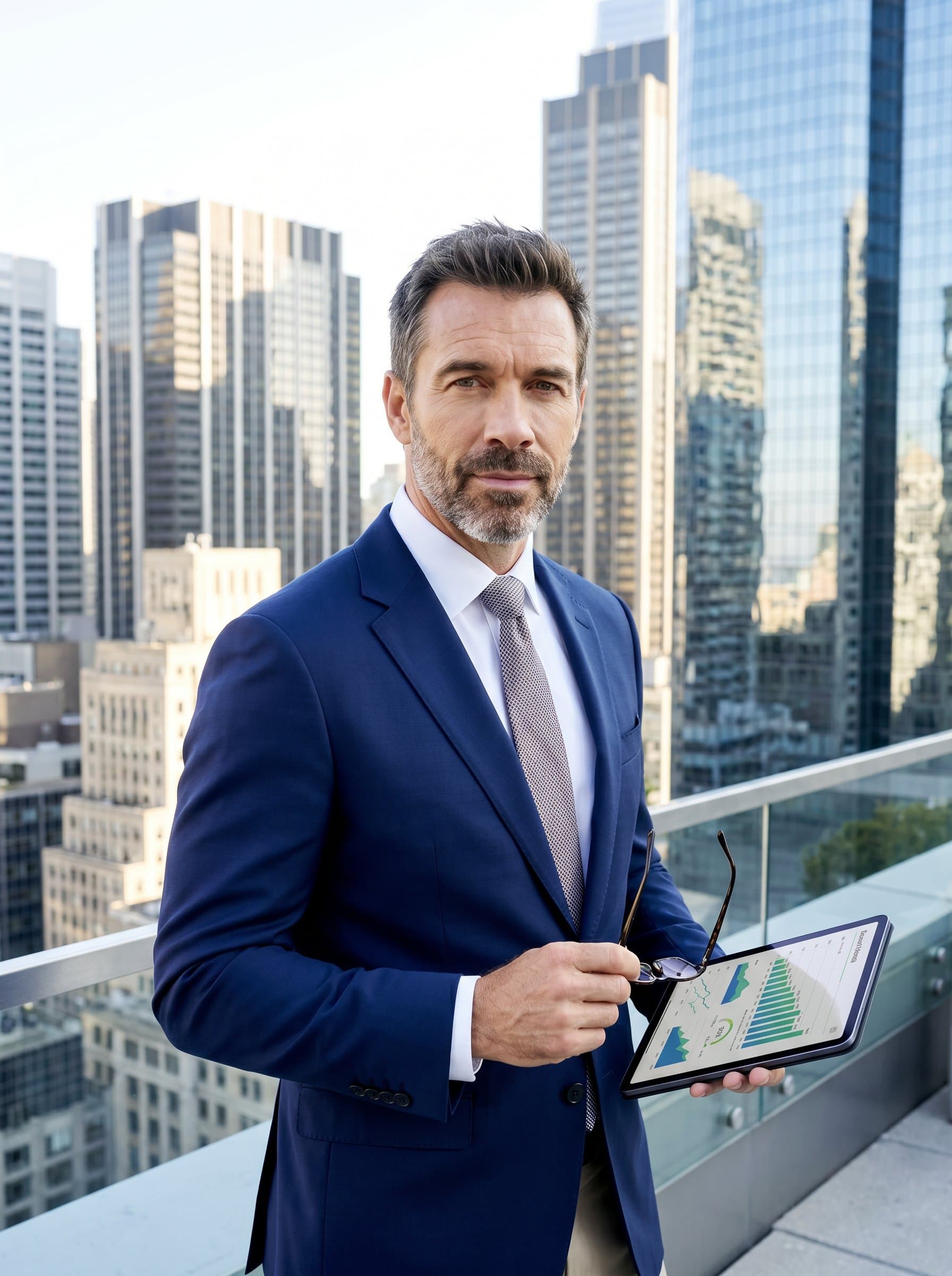 outdoors, in bright sunlight, against a backdrop of a financial district skyline, symbolizing a bright outlook and forward-thinking approach in financial advisory.