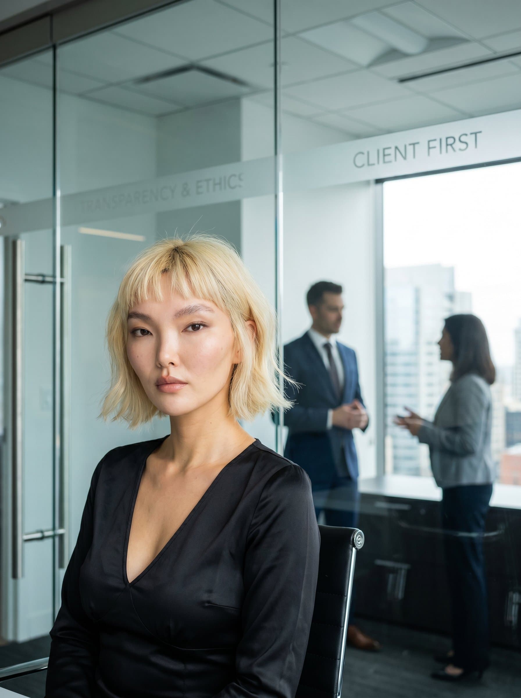 framed by a sleek glass office wall, projecting transparency and clarity in financial dealings. The image suggests strong ethical standards and client-first mindset.