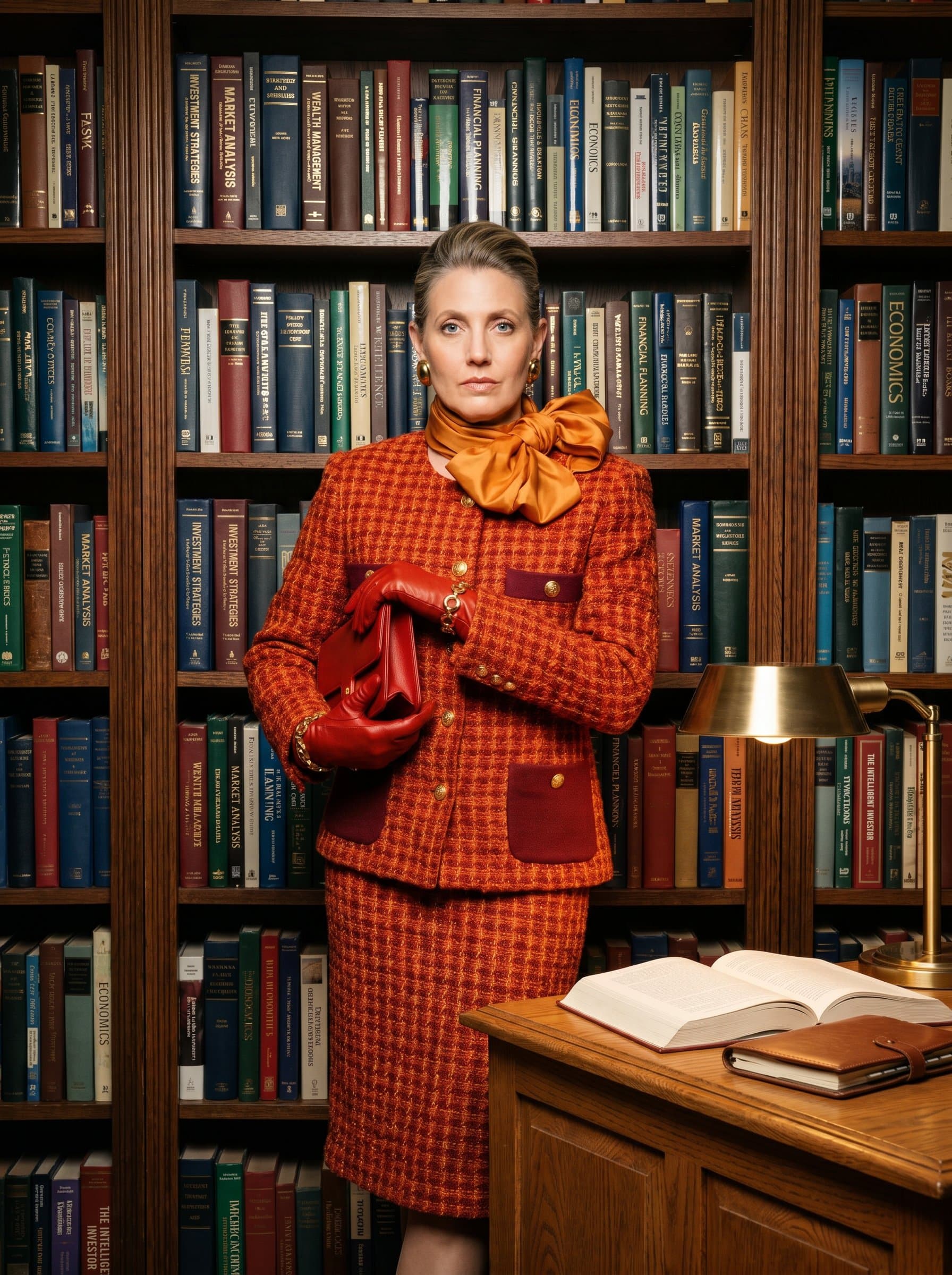 in front of a bookshelf lined with financial literature, projecting a dedicated pursuit of knowledge and continuous improvement in financial advising.