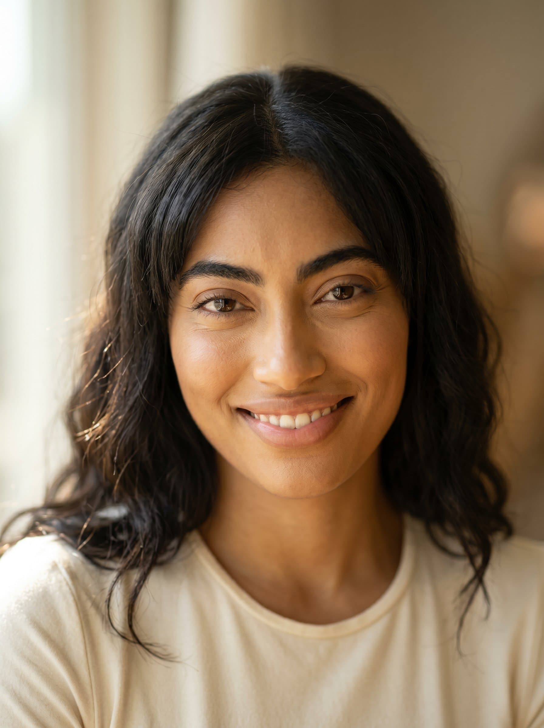 Create a focusing on authenticity and warmth, capturing the actor in soft morning light. Highlight subtle facial expressions that convey a genuine, approachable personality, with a sharp focus on the eyes and minimal background.