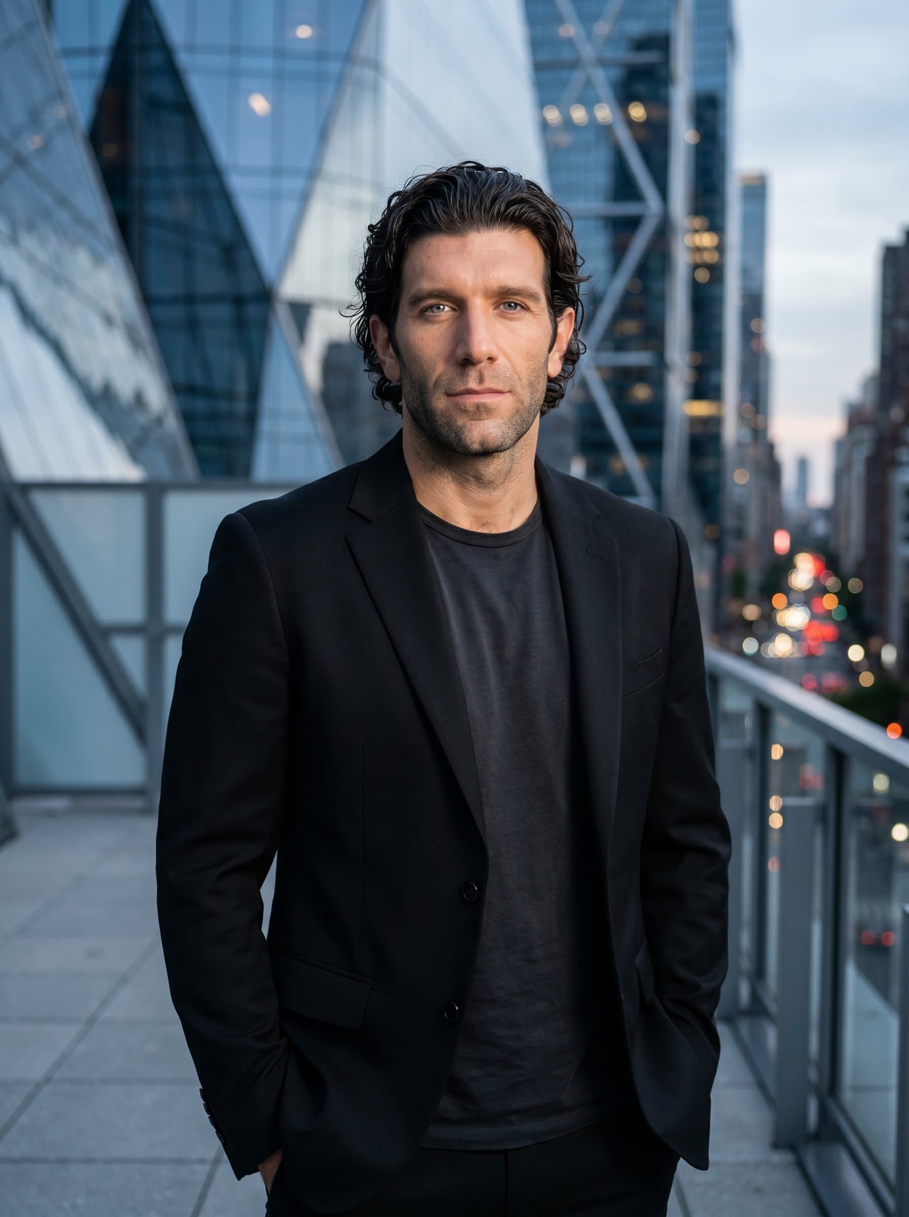 Develop a with a modern, sophisticated edge, using a sleek, urban backdrop. Focus on the actor's confident demeanor with balanced lighting that enhances both the face and the background's geometry.