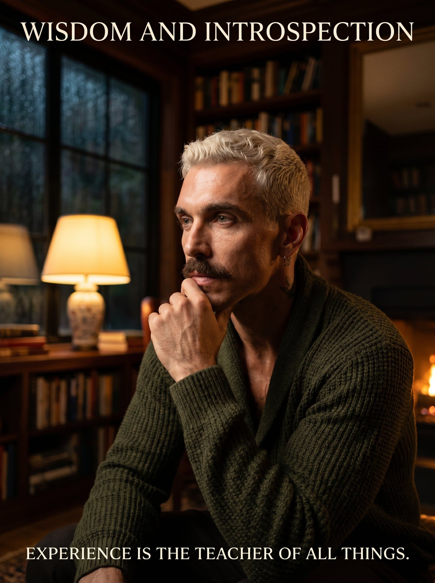 Produce a that captures wisdom and introspection. Use warm, ambient lighting to softly illuminate the actor’s face, highlighting thoughtful expressions and evoking a sense of experience and depth.