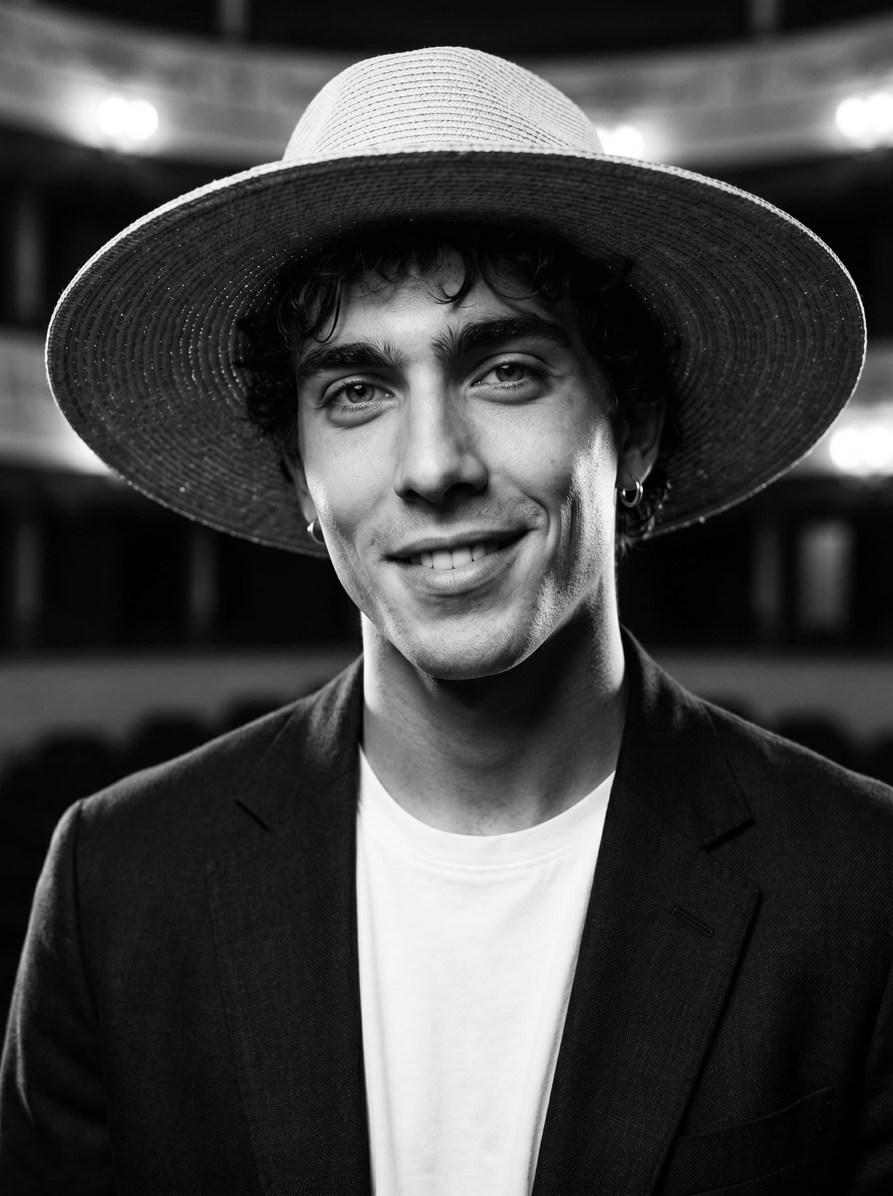 Develop a emphasizing confidence and charisma, using dramatic side lighting to create depth. Capture the actor's natural charm in monochrome, with a smooth blend of highlights and shadows to enhance facial features.