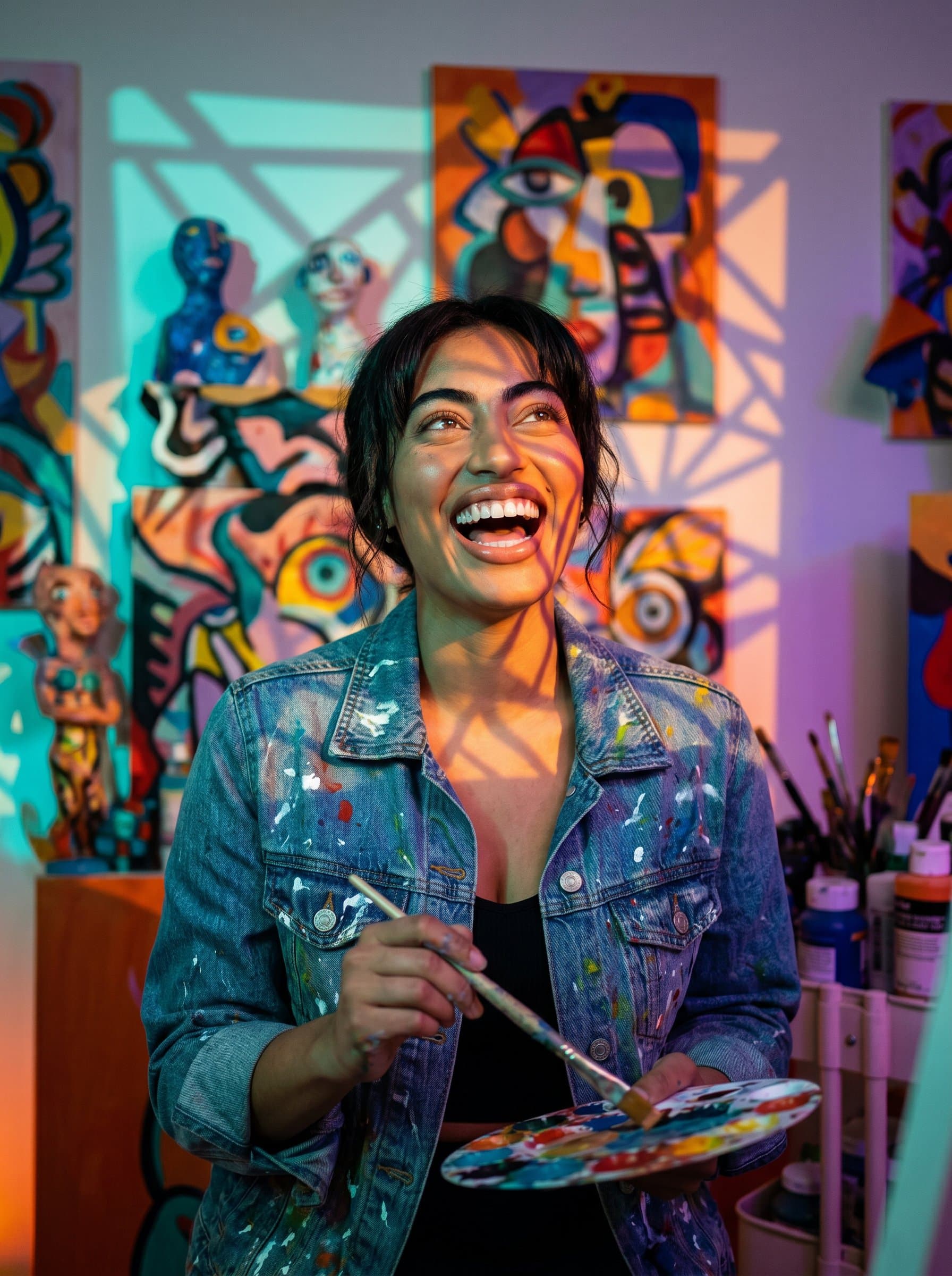 Create a that exudes creativity and flair. Position the actor against an art-inspired background, using playful lighting techniques to cast interesting shadows and bring out vibrant facial expressions.
