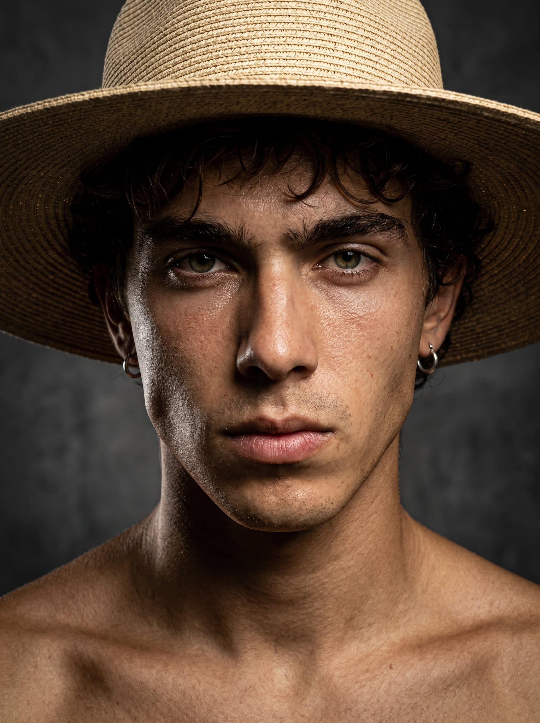 Capture a that represents resilience and determination. Utilize a high-contrast lighting setup to emphasize facial lines, with the actor exuding a strong, determined expression against a neutral backdrop.
