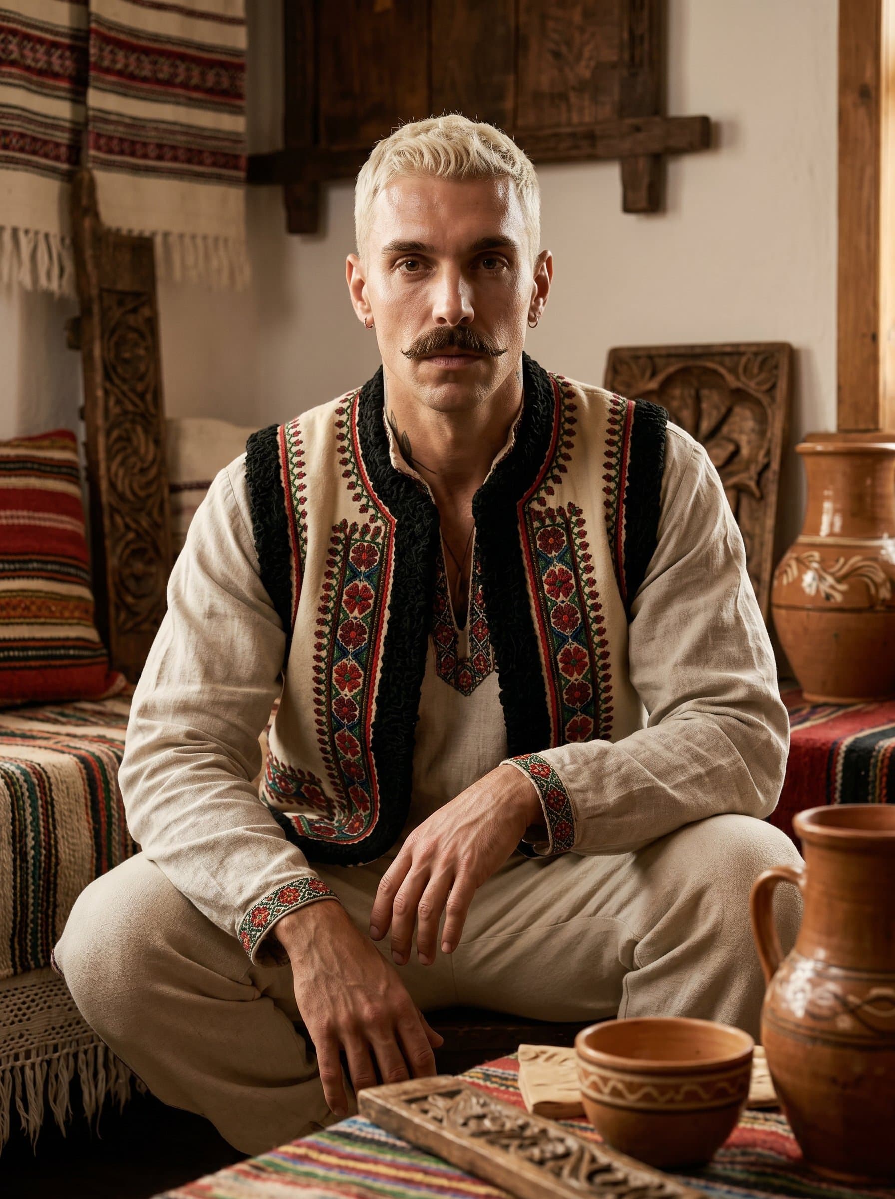 Develop a focusing on heritage and identity. Incorporate traditional elements or textures in the background, with lighting that gently enhances the actor's unique features and cultural expressions.