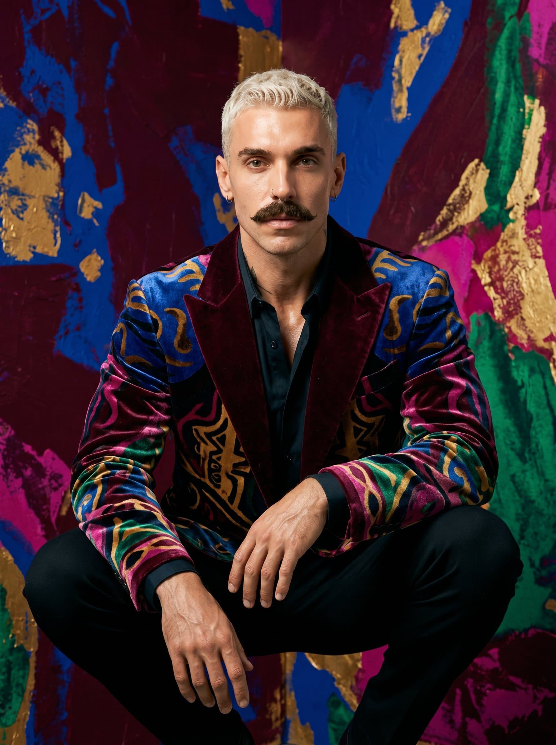 Produce a showcasing versatility through the actor's expressive gaze. Utilize a vibrant color scheme to reflect a dynamic personality, with even lighting to accentuate contours and create a visually striking composition.