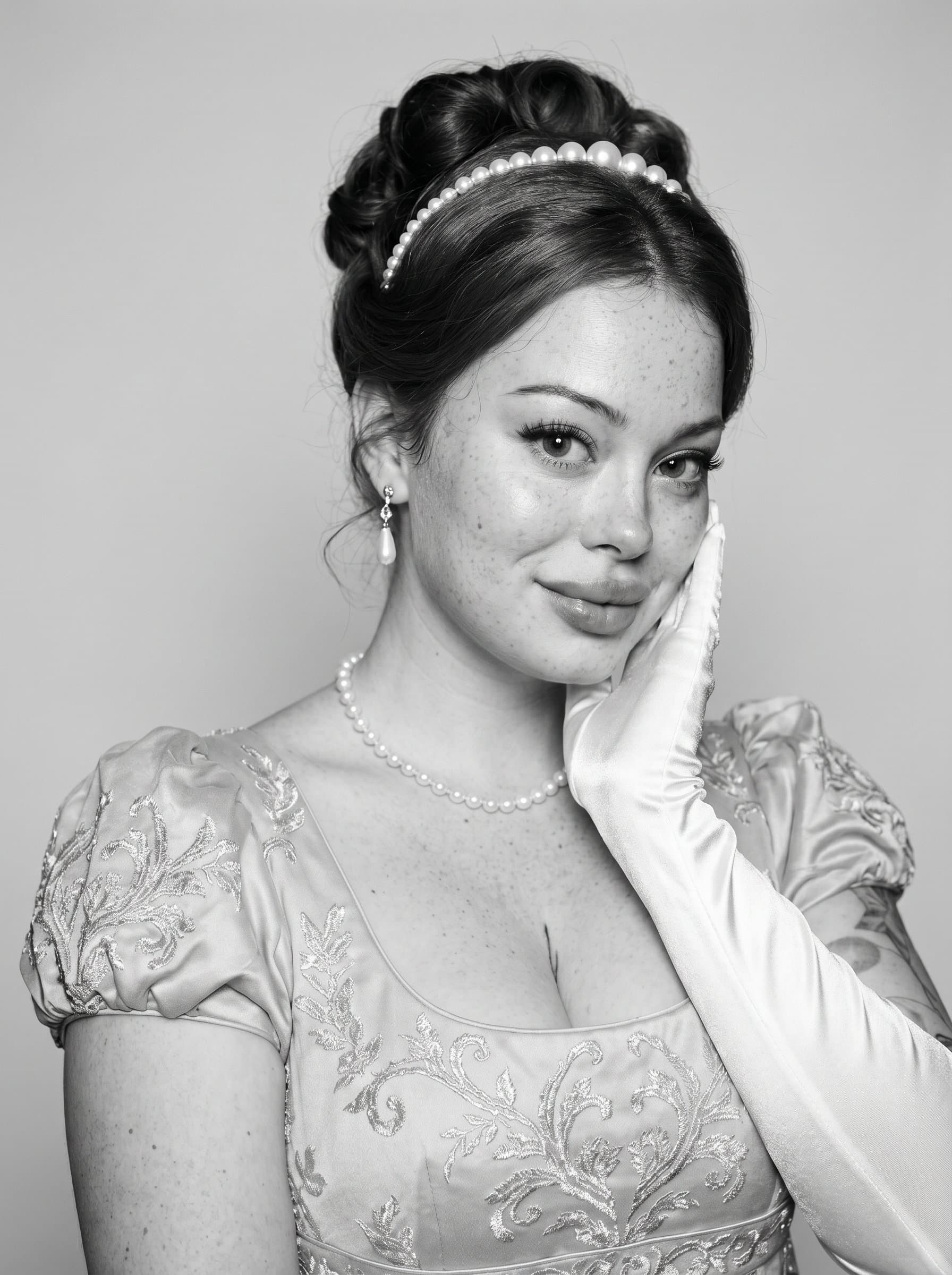 Create a embodying timelessness and grace, photographed in black and white. Use soft, even lighting to remove distractions, so the actor's nuanced expressions and facial details remain the focus.