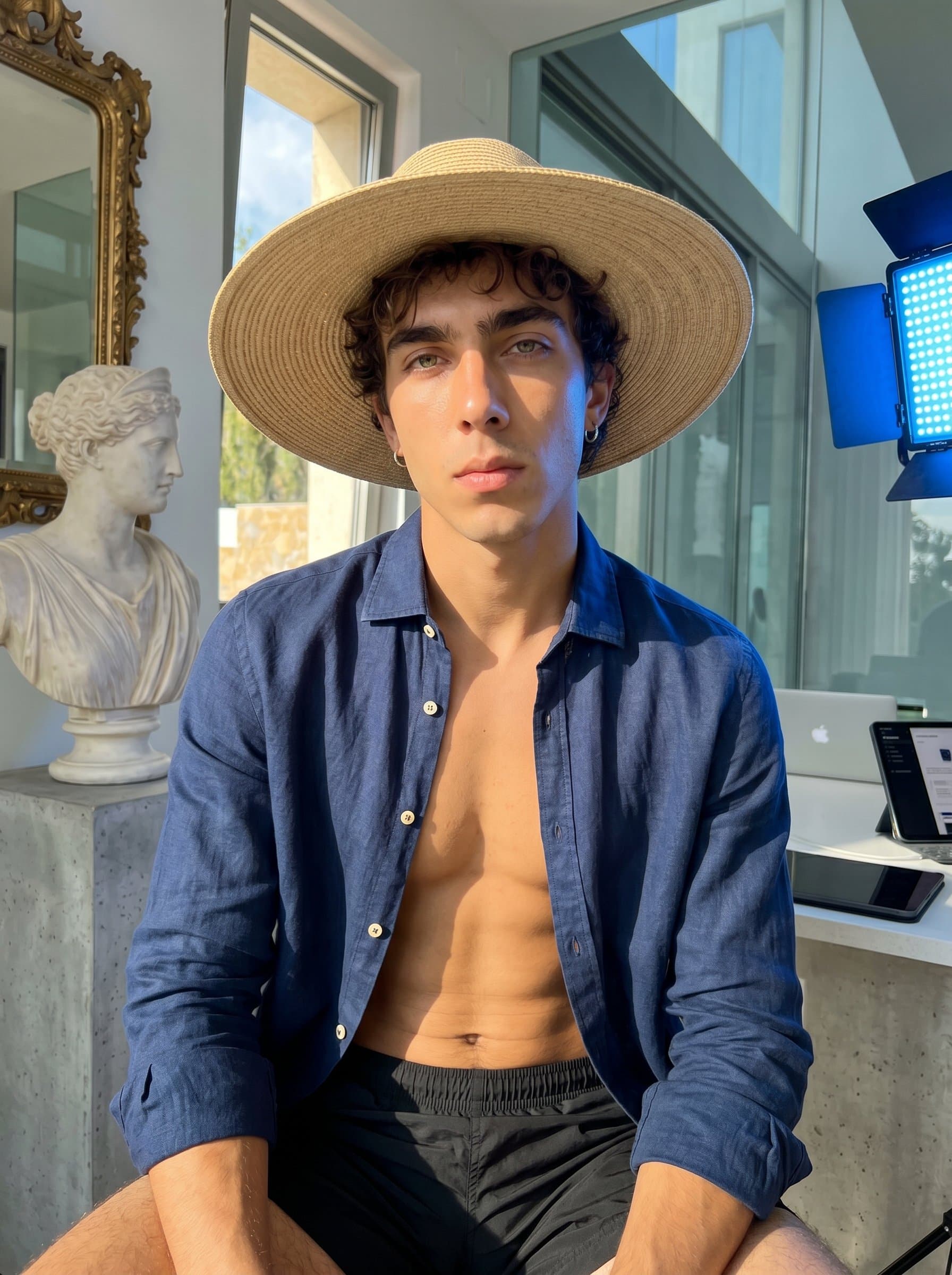 Design a exploring the fusion of modern and classic styles. Utilize a mix of natural and artificial lighting to illuminate the face, with the actor's relaxed pose bridging the old and the new.
