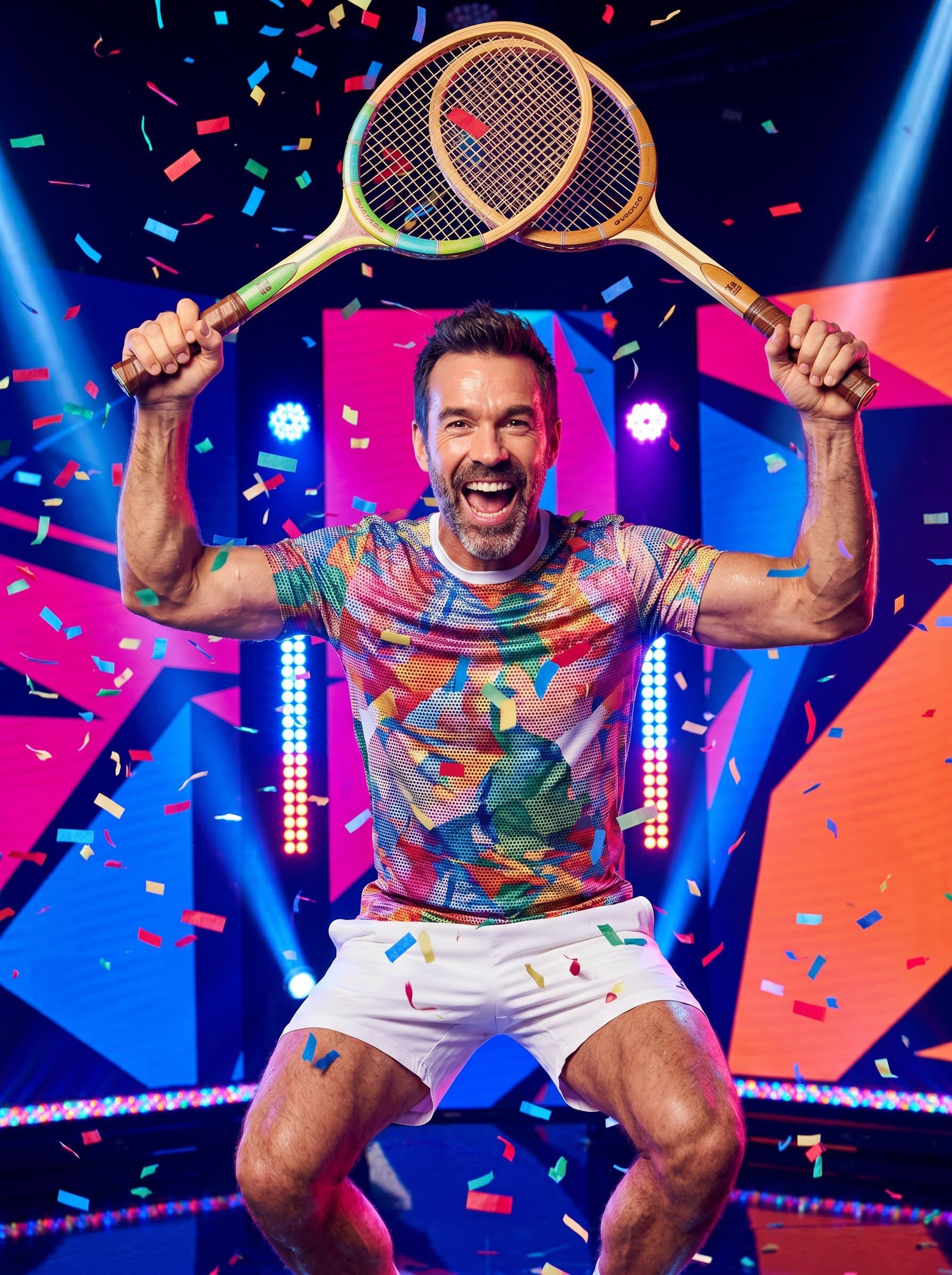 Formulate a showcasing the actor’s lively spirit and enthusiasm. Use bold, colorful props and backgrounds, paired with dynamic lighting that reflects the animated essence of a performer full of life.