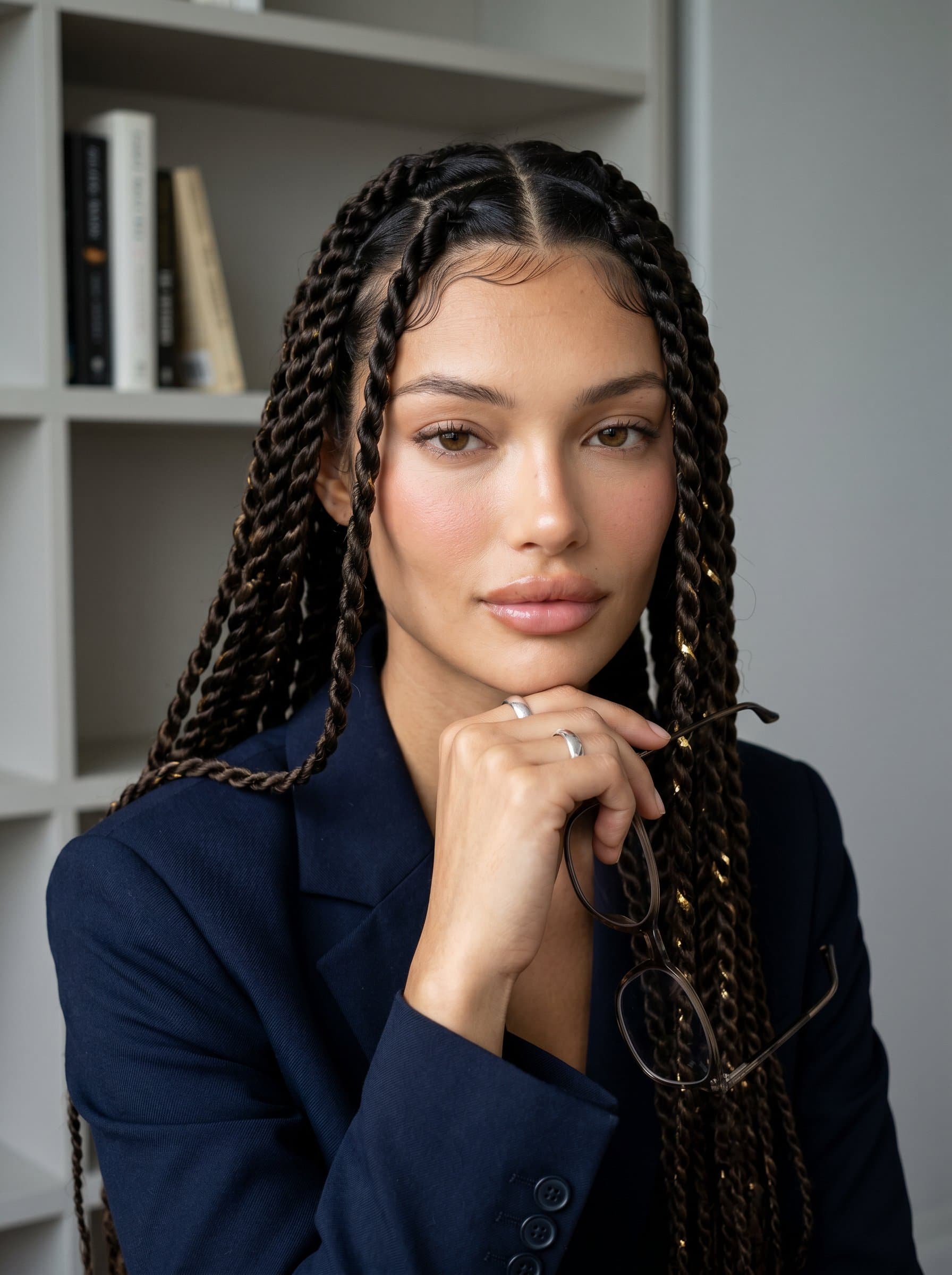 Produce a exuding quiet confidence and intelligence. Use a minimalist setting with precise lighting to highlight the actor's thoughtful expression, ensuring the image speaks to both charisma and intellect.