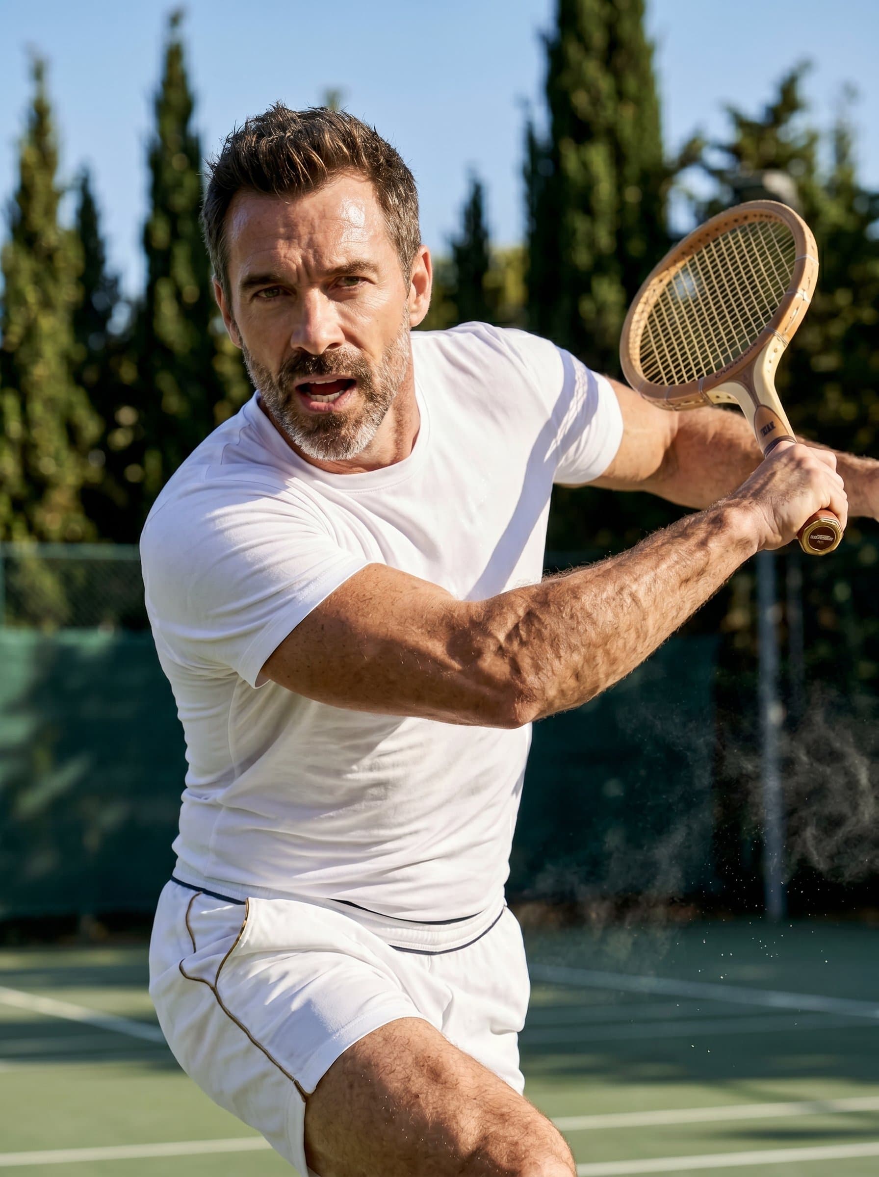 Capture a illustrating dynamic energy and passion. Position the actor mid-movement with directional lighting that creates compelling shadows and highlights, capturing the essence of spirited determination.