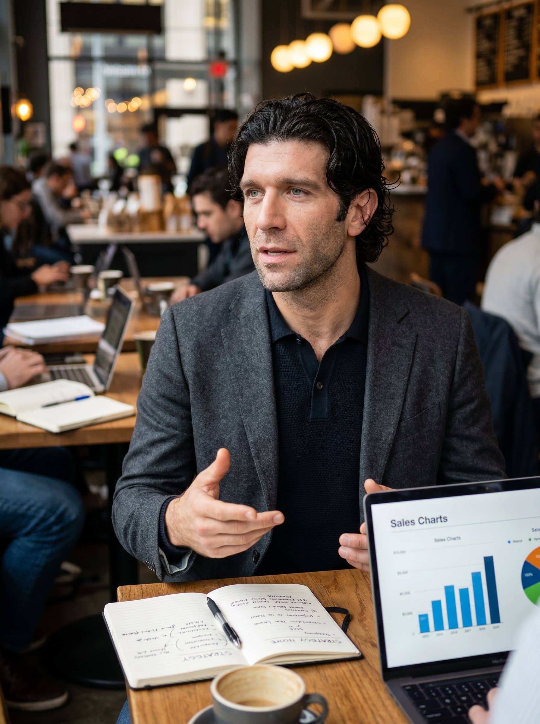 Showcase a featuring a sales strategist in a bustling urban café. The attire is smart-casual, with subtle background elements like laptops and notebooks indicating productivity.