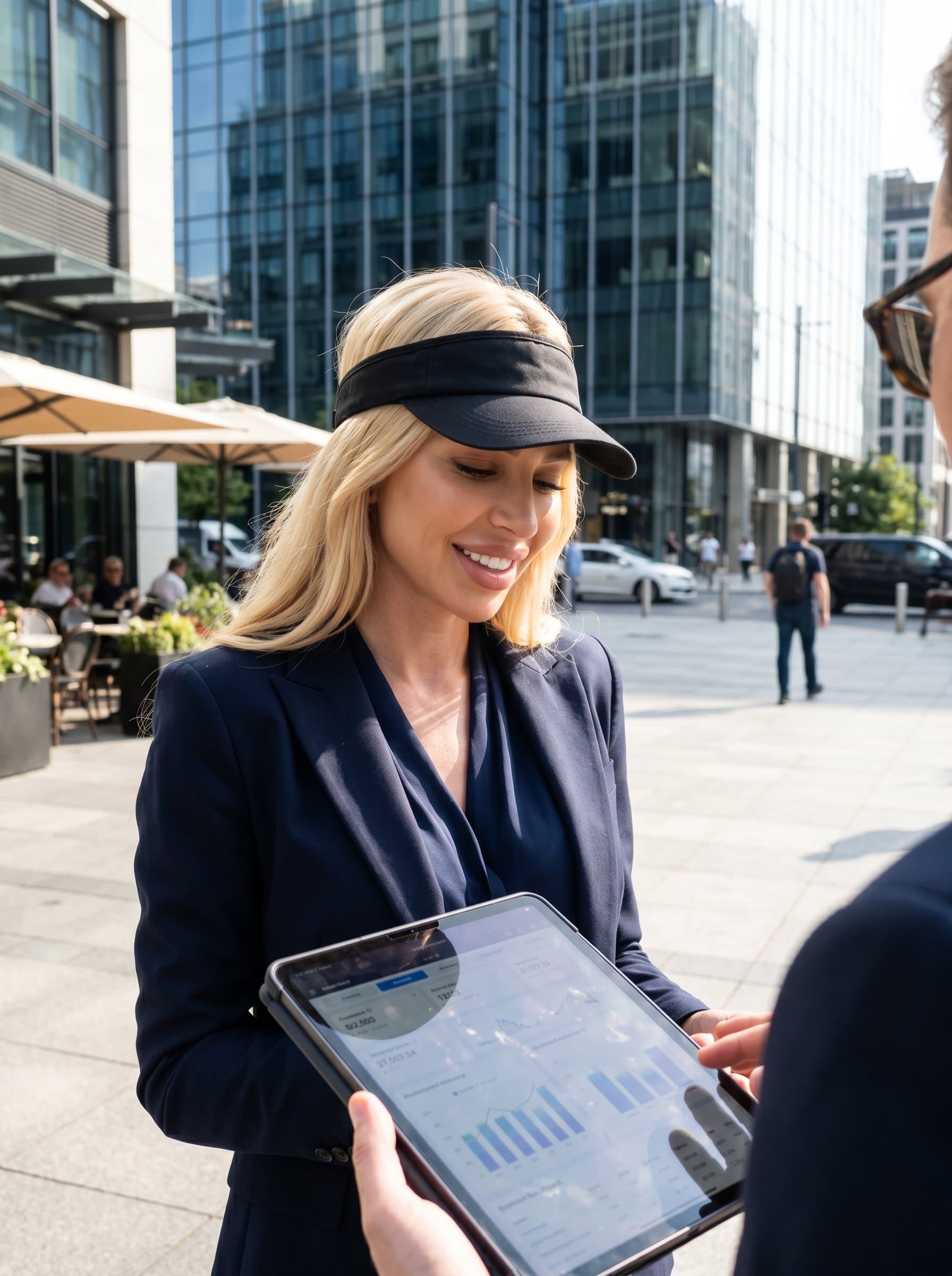 Imagine a showing a sales consultant in an outdoor urban setting, with natural light enhancing their features. The woman is smiling and holding a tablet, symbolizing tech-savvy professionalism.