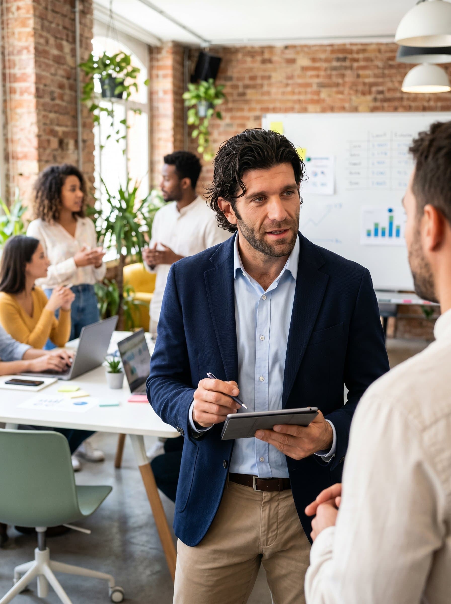 Capture a of a sales expert in a vibrant coworking space, wearing business casual attire. The atmosphere is dynamic and energetic, with soft focus on colleagues collaborating in the background.