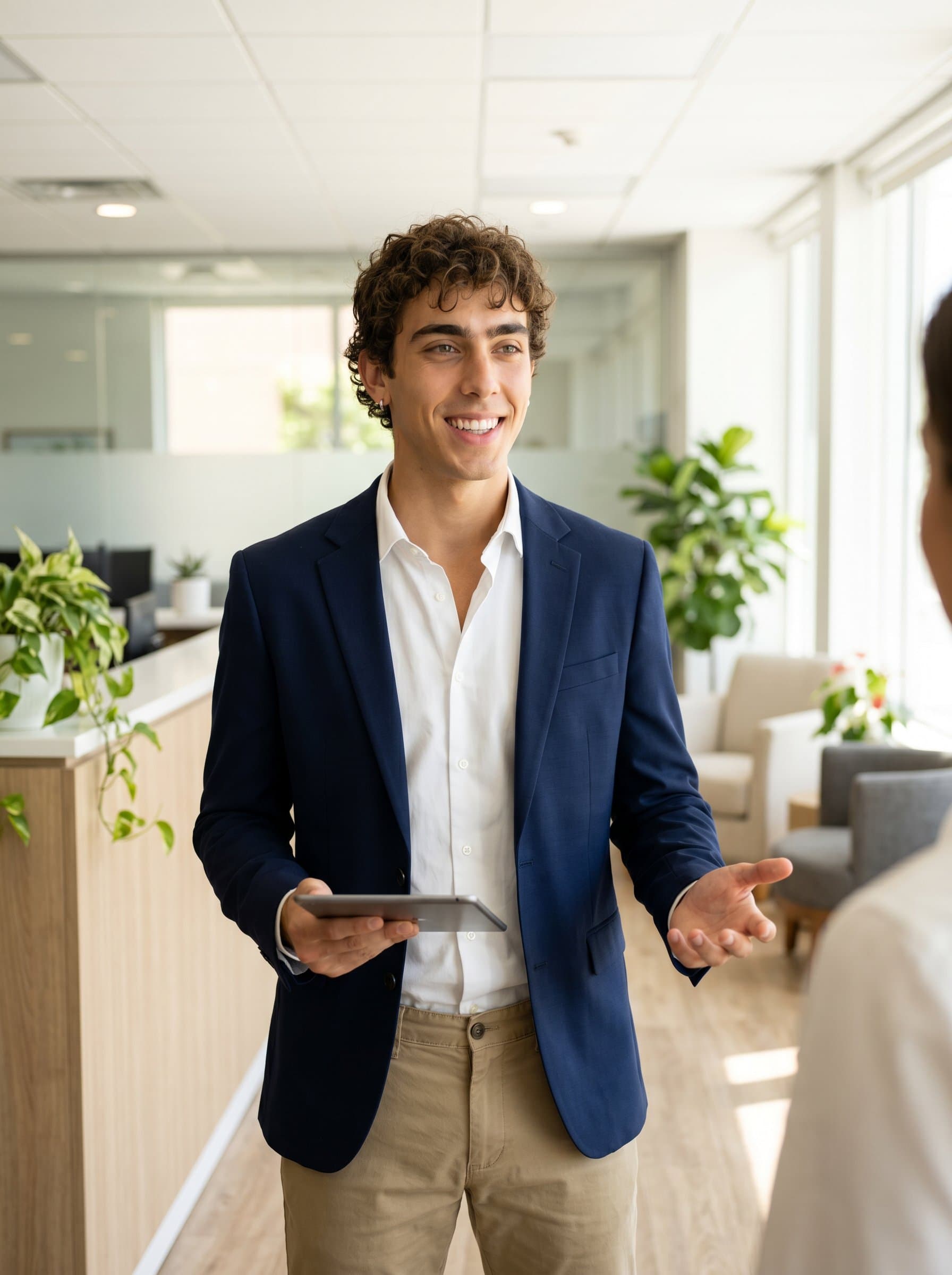 Create a of a sales representative in a bright, welcoming office reception area. The attire is formal yet relaxed, with a focus on an open, friendly expression.