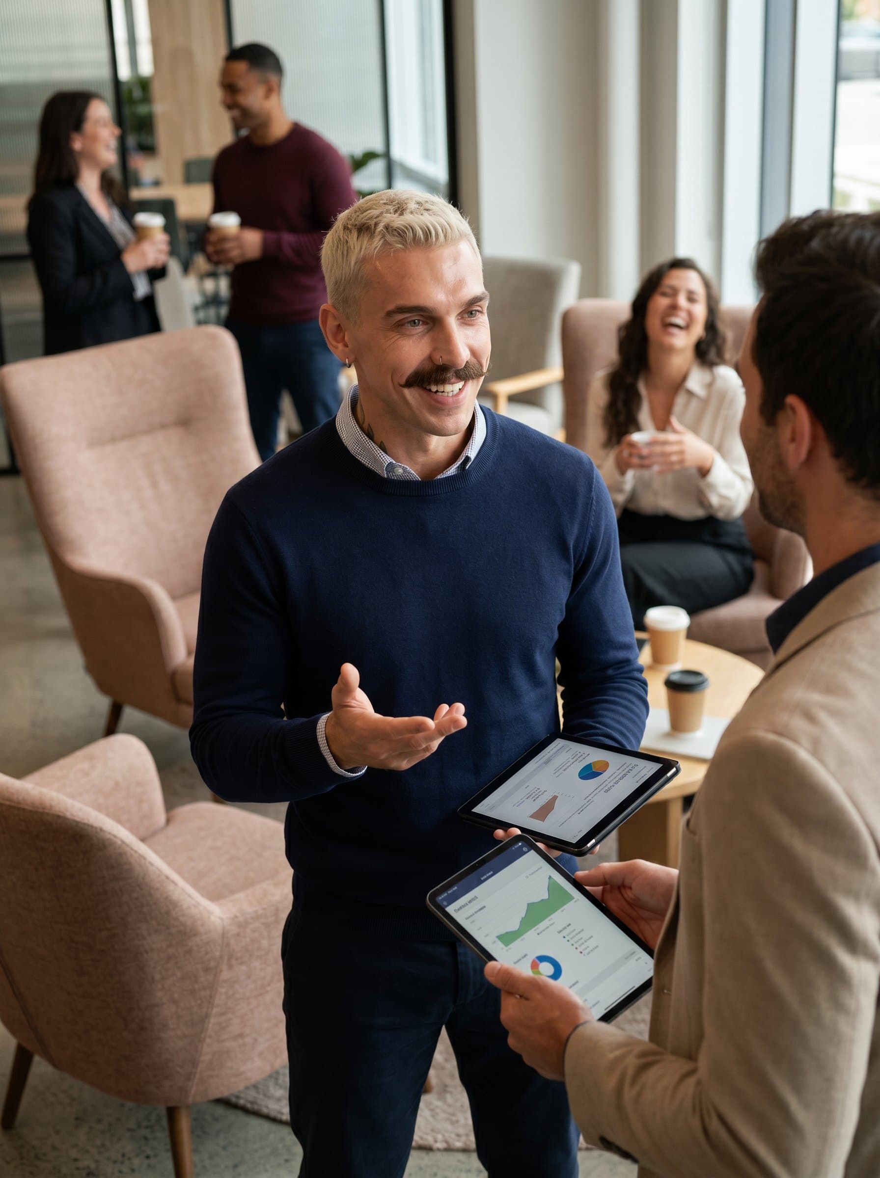Design a featuring a sales professional in a casual meeting space, wearing a smart sweater. The setting includes comfortable seating and friendly interactions in the background.