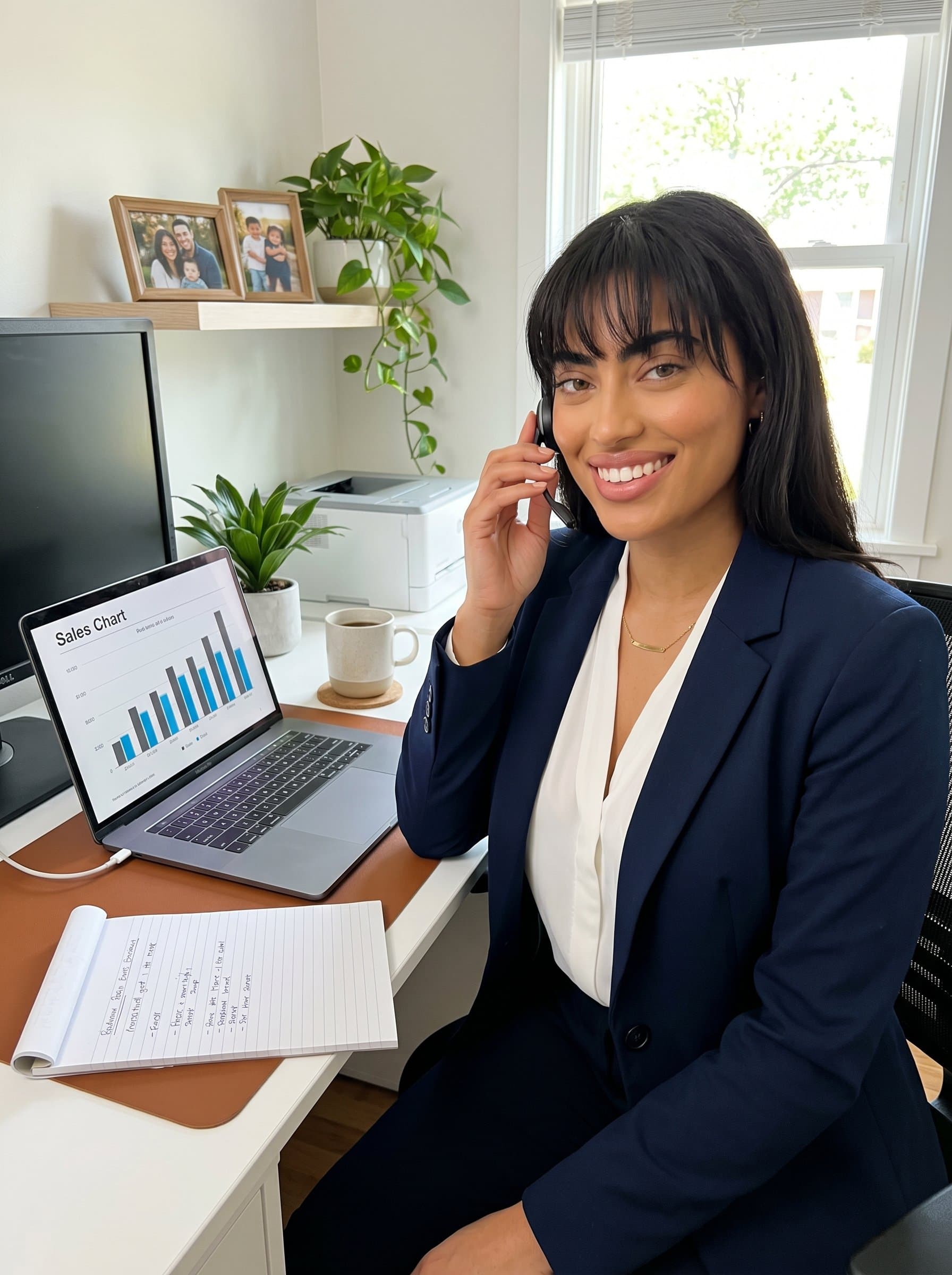 Conceptualize a of a sales professional in a home office, featuring a well-organized desk. The woman is dressed professionally, with personal touches like family photos subtly visible.