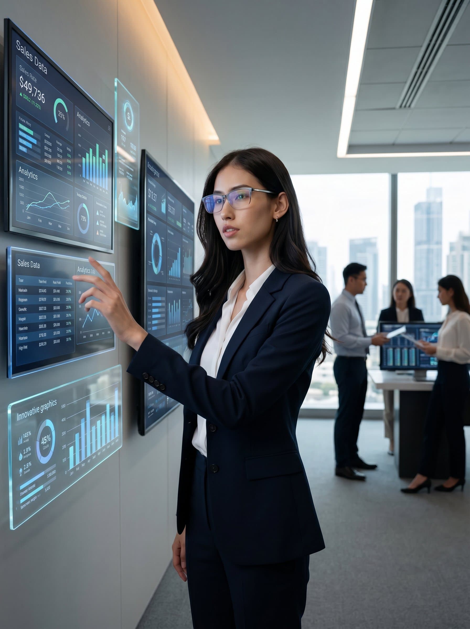 A depicting a sales expert in a high-tech office, surrounded by digital screens. The woman wears sleek eyeglasses and reflects a forward-thinking, innovative approach.