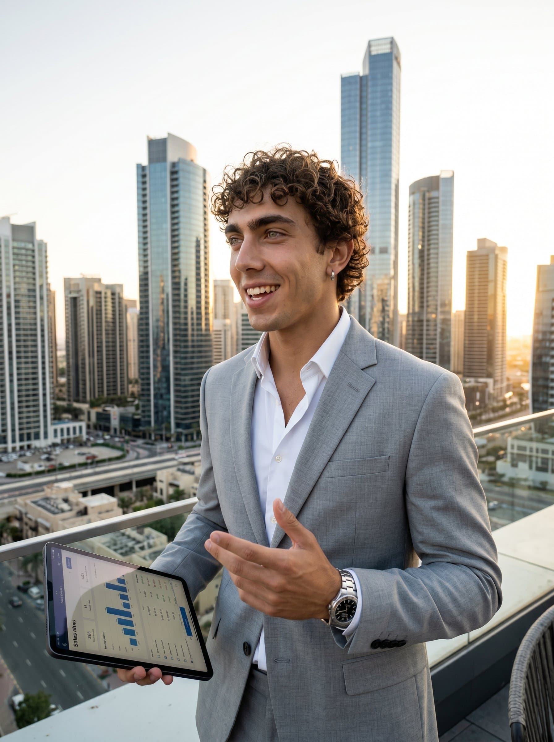A of a dynamic sales consultant against a skyline view, dressed in a light business suit. The ambiance conveys ambition and success, with an inspiring cityscape in the background.