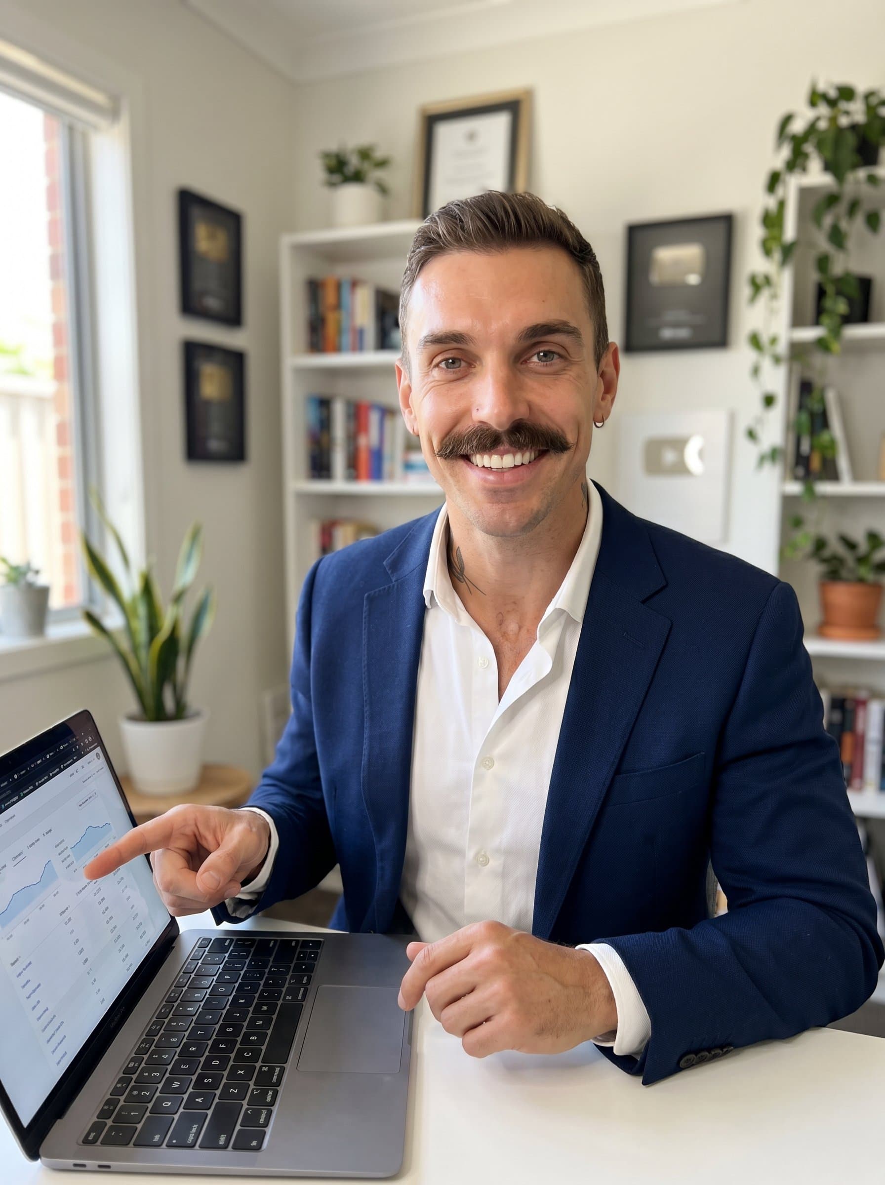 Visualize a capturing a sales professional in a virtual meeting environment, with a well-lit, neutral background. The man is dressed presentably, conveying adaptability and digital proficiency.