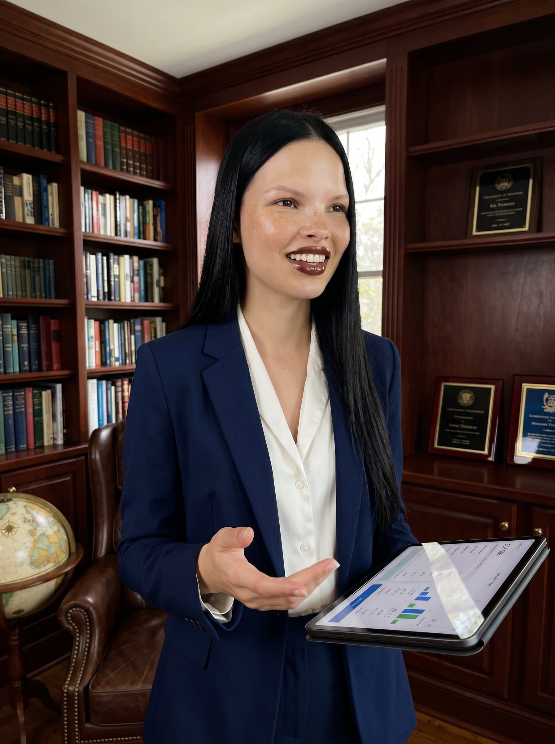 Visualize a portraying a sales manager in a sophisticated office library. The woman wears a neat suit, surrounded by books and subtle décor emphasizing intelligence and professionalism.